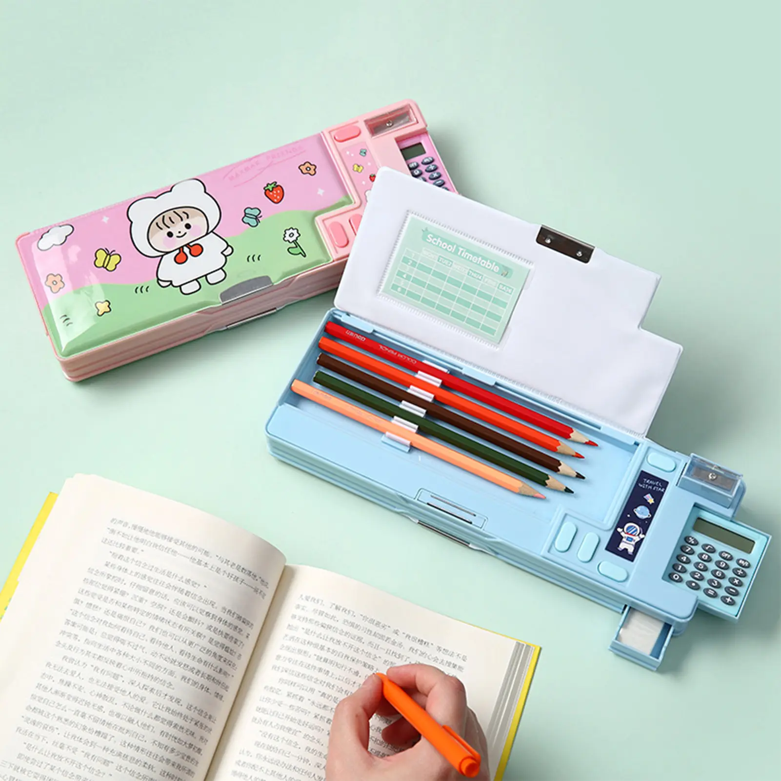 Cartoon Stationery Organizer Box Plastic Pencil Case Unicorn Bear Astronaut Stationery with Calculator Stationery Accessories