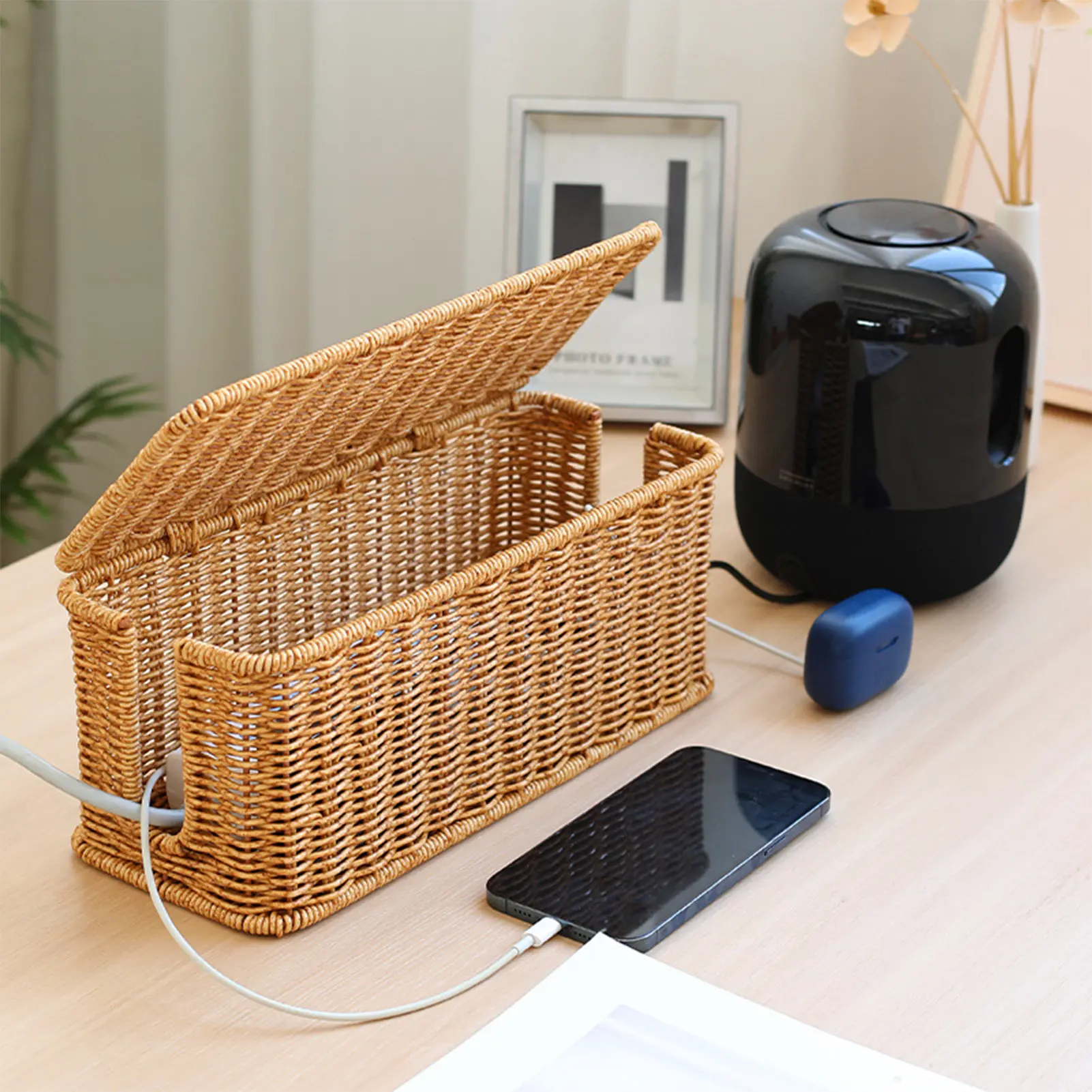 Hand-Woven Charging Station Storage Box Cable Management Basket for USB Cables Data Cables Organizer