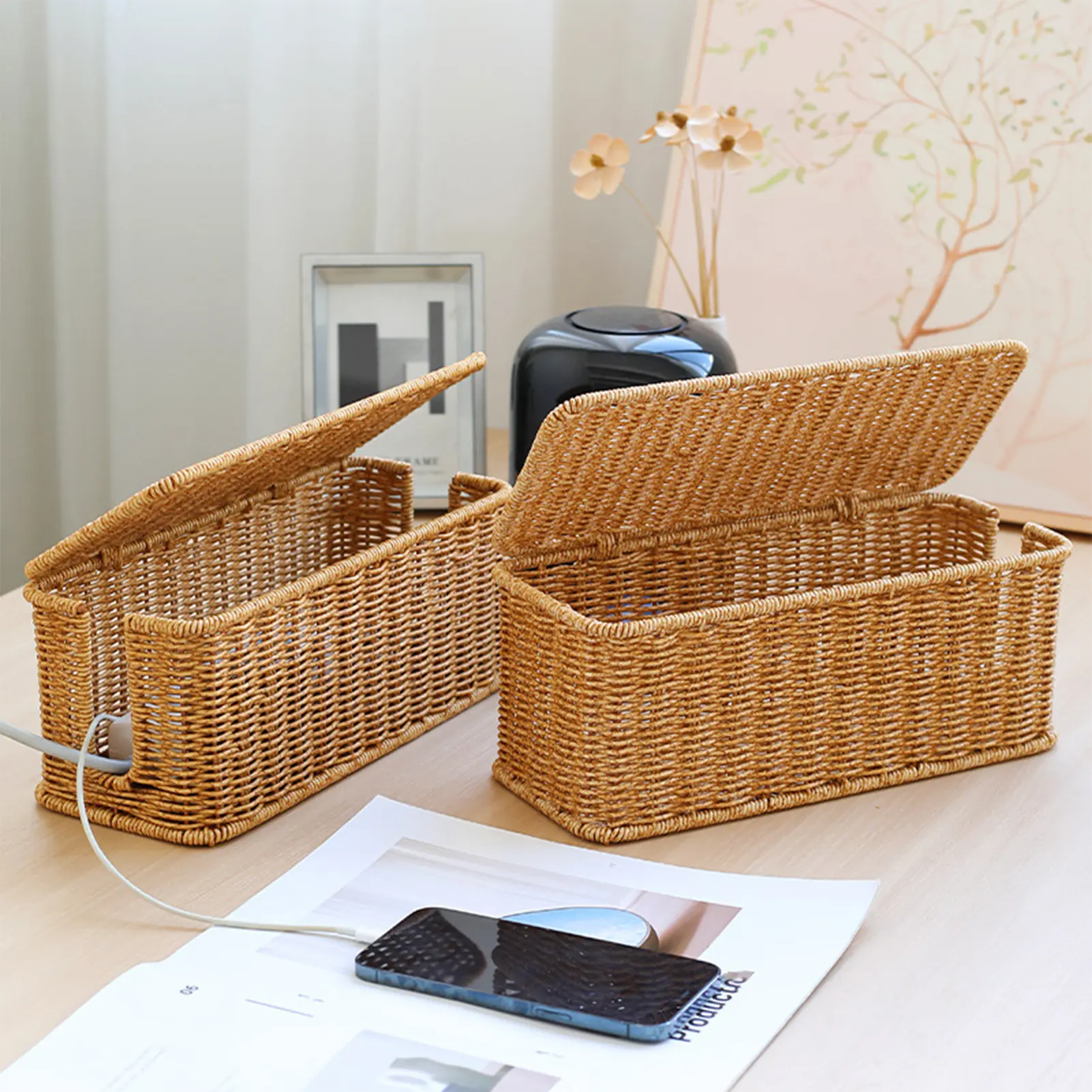 Hand-Woven Charging Station Storage Box Cable Management Basket for USB Cables Data Cables Organizer