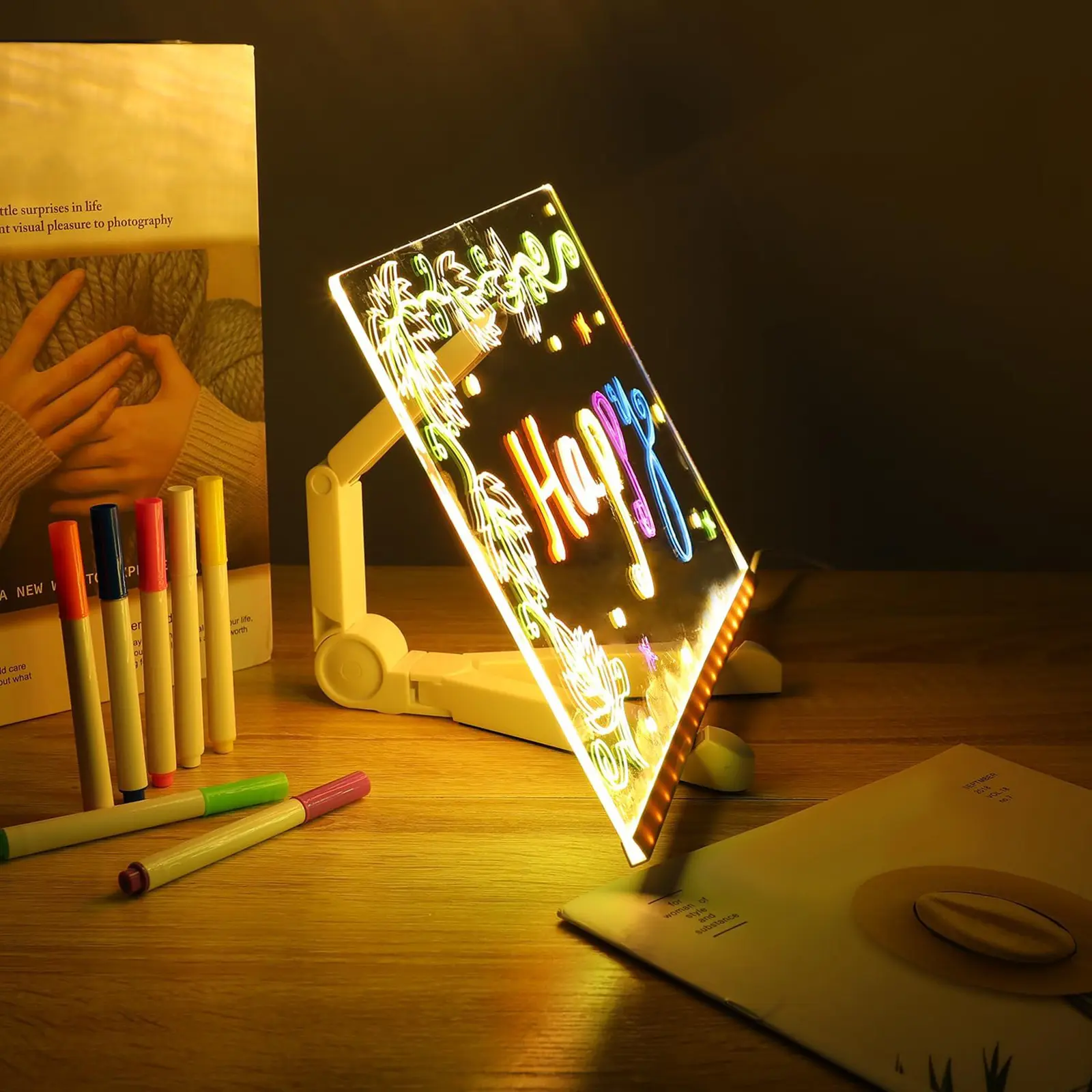 Led Note Board With Night Light Colorful 7 Pens Diy Acrylic Message Board Children‘s Drawing Board For Kids Birthday Gift