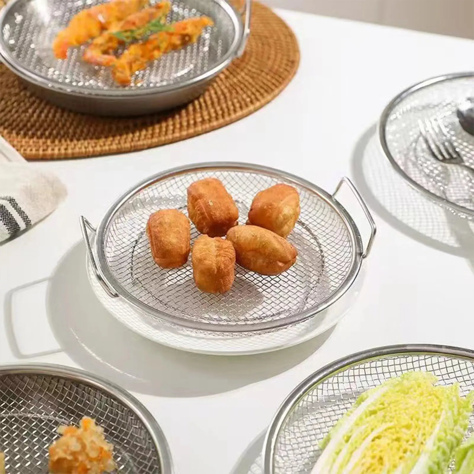 Outdoor Barbecue Frying Oil Drain Rack Stainless Steel Mesh Filter Basket With Tray Multifunctional Kitchen Binaural Mesh Screen