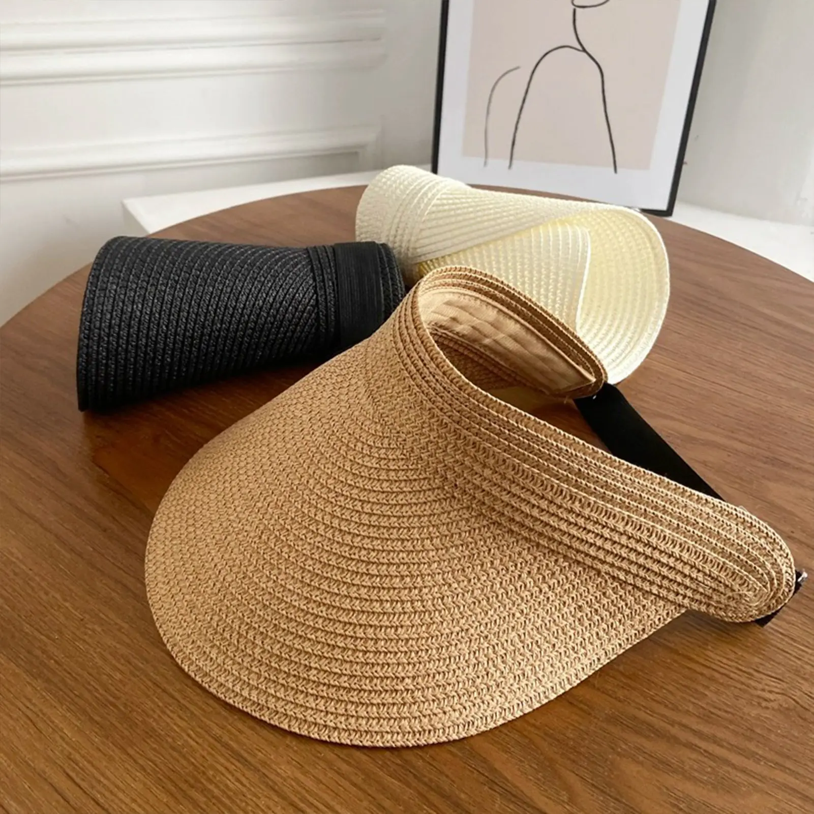 Summer Beach Sun Hat Women Portable Folding Wide Brimmed Straw Hat Fashion Shaped Hollow Top Straw Hat Girls Bucket Hats Travel