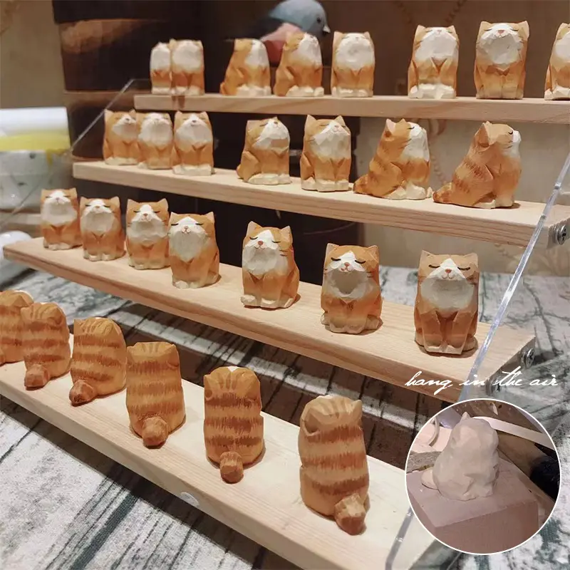 Hand Carving Wooden Cat Statue Cute Mini Cat Statues Home Office Desktop Decor Handmade Wood Kitten Carving Gift for Cat Lovers