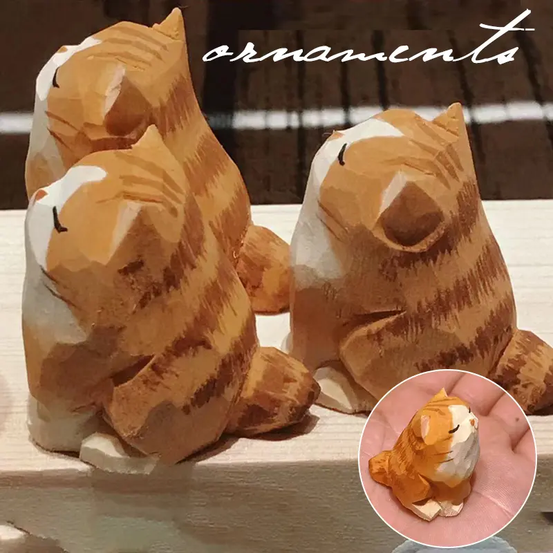Hand Carving Wooden Cat Statue Cute Mini Cat Statues Home Office Desktop Decor Handmade Wood Kitten Carving Gift for Cat Lovers