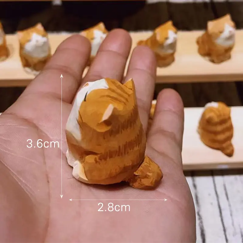 Hand Carving Wooden Cat Statue Cute Mini Cat Statues Home Office Desktop Decor Handmade Wood Kitten Carving Gift for Cat Lovers