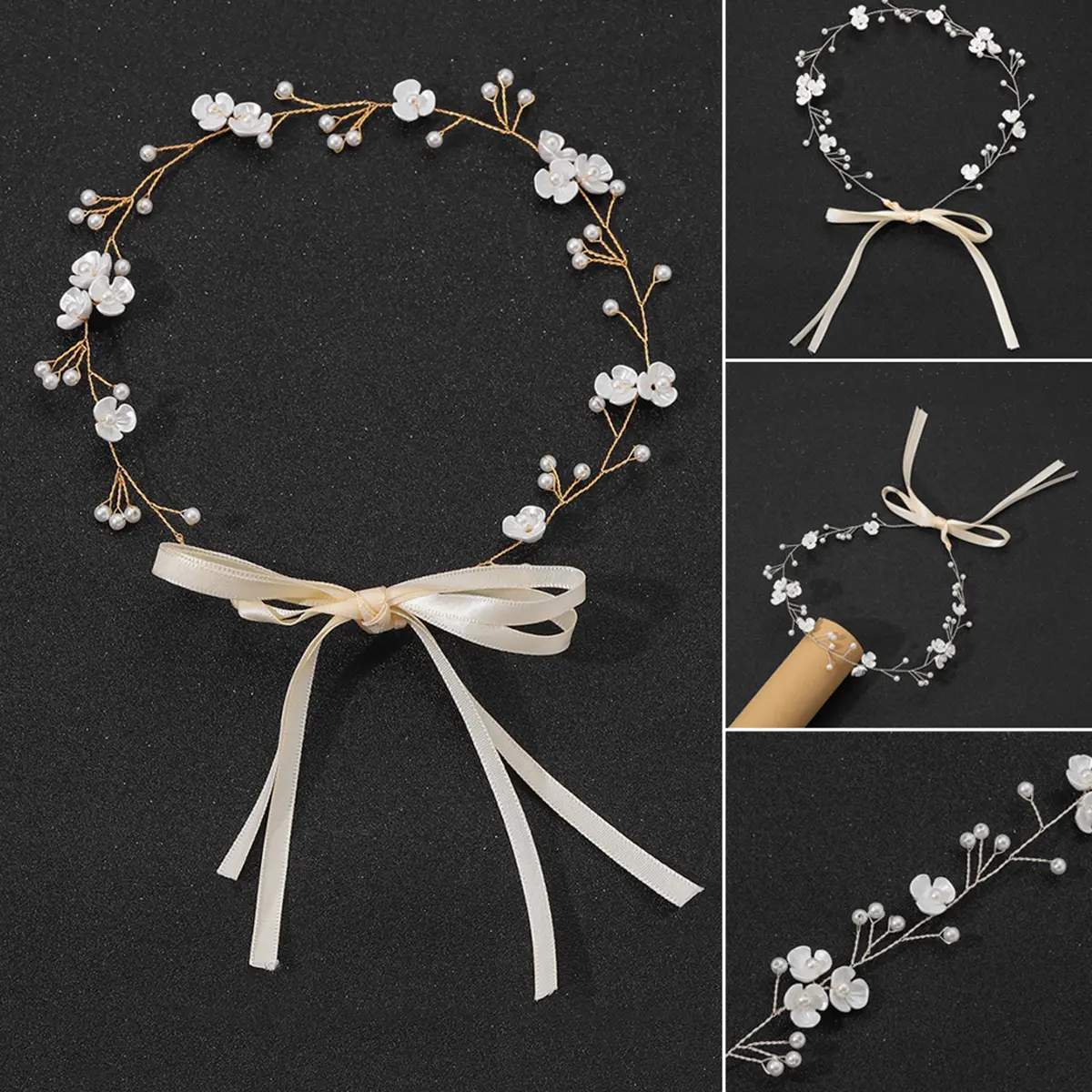 Girls' White And Golden Flowers With Wedding Party Headdress Bride's Hair Accessories Headdress Female Sweet And Lovely Headdres