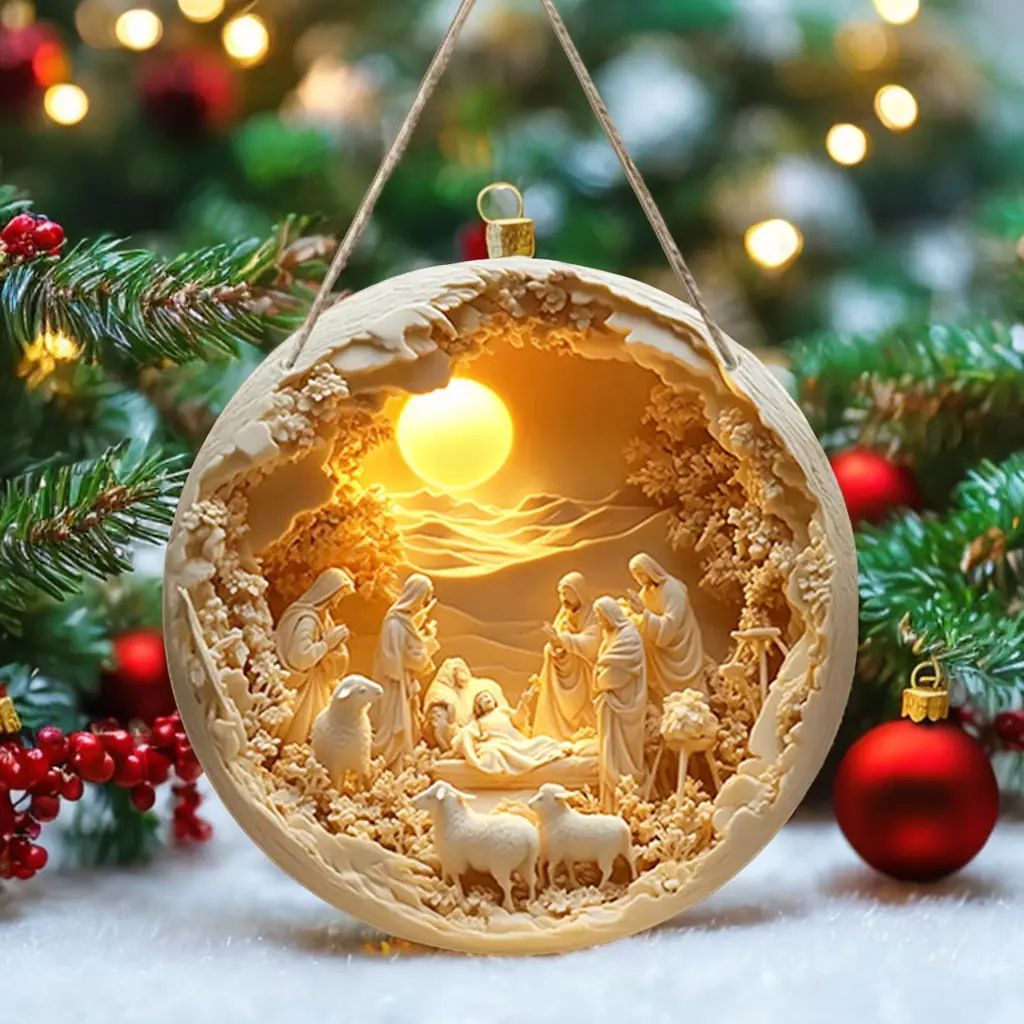 2D Flat Nativity Scene Wooden Christmas Hanging Pendant the Birth of Jesus for Easter Wall Door Sign Indoor Outdoor Decor 20cm
