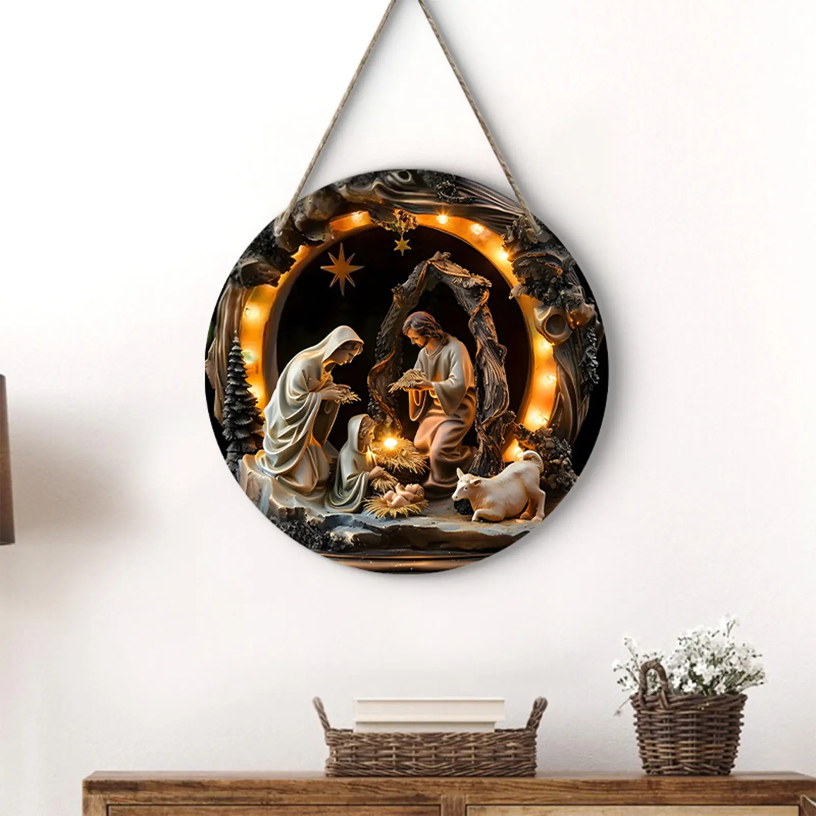 2D Flat Nativity Scene Wooden Christmas Hanging Pendant the Birth of Jesus for Easter Wall Door Sign Indoor Outdoor Decor 20cm