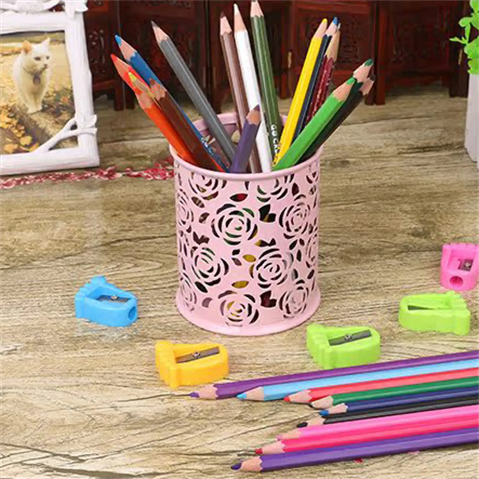 1pc Creative Hollow Rose Pattern Pen Pot Holder Flower Fashion Desktop Cup Makeup Brush Container For Office Home Decoration