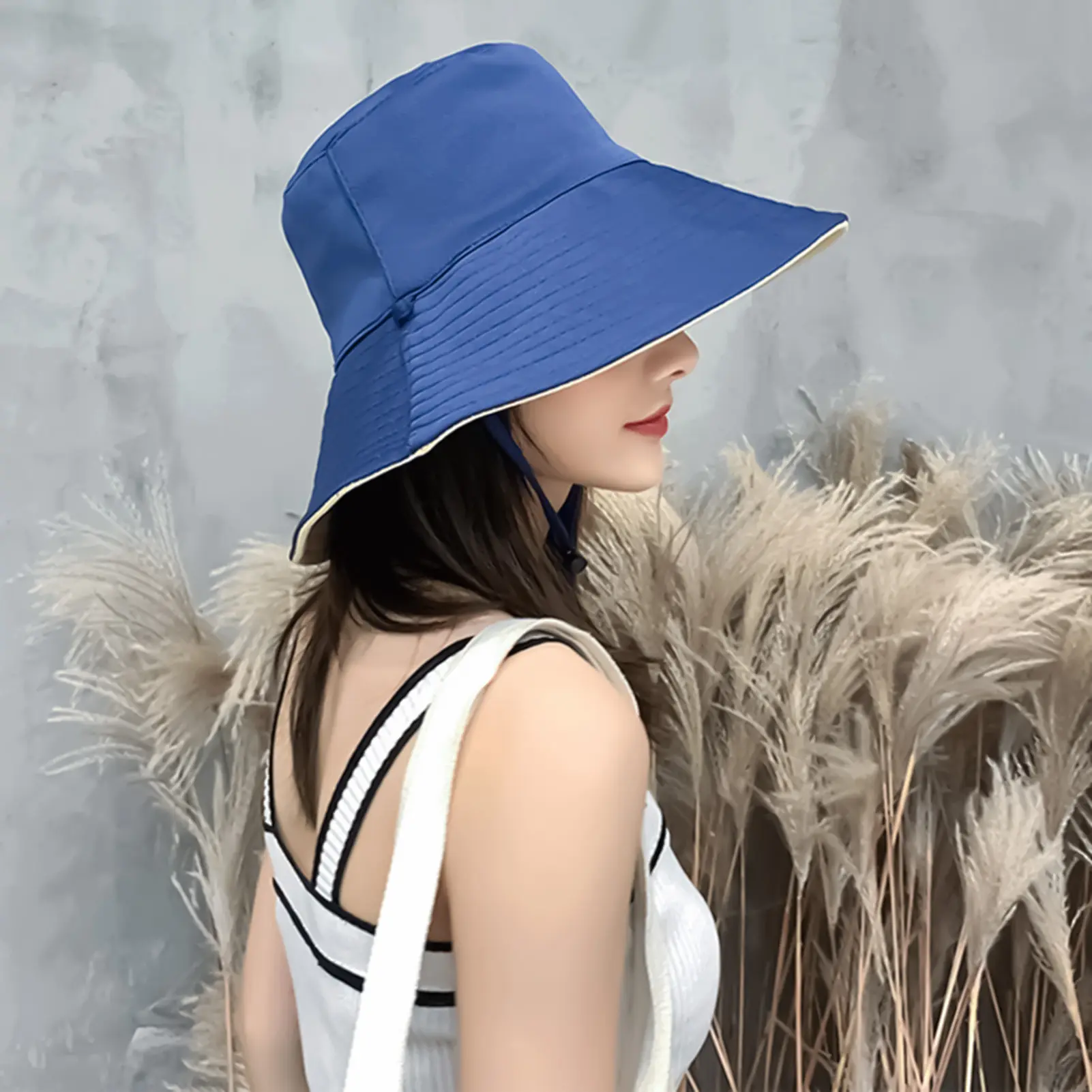 Womens Summer Sun Hat Solid Color Wide Brim Summer Hat Floppy Bucket Hat with Adjustable String for Travel Holiday Beach