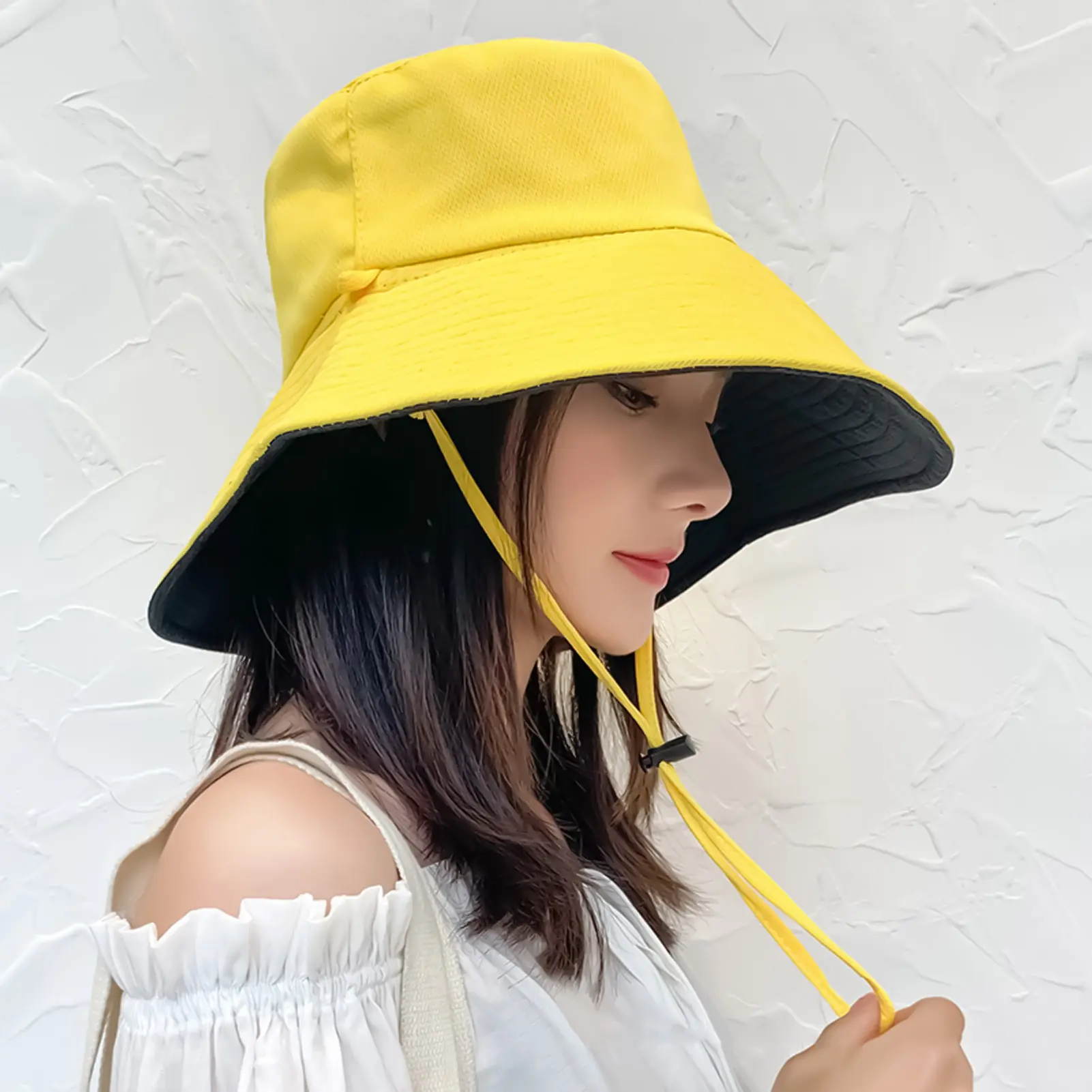 Womens Summer Sun Hat Solid Color Wide Brim Summer Hat Floppy Bucket Hat with Adjustable String for Travel Holiday Beach