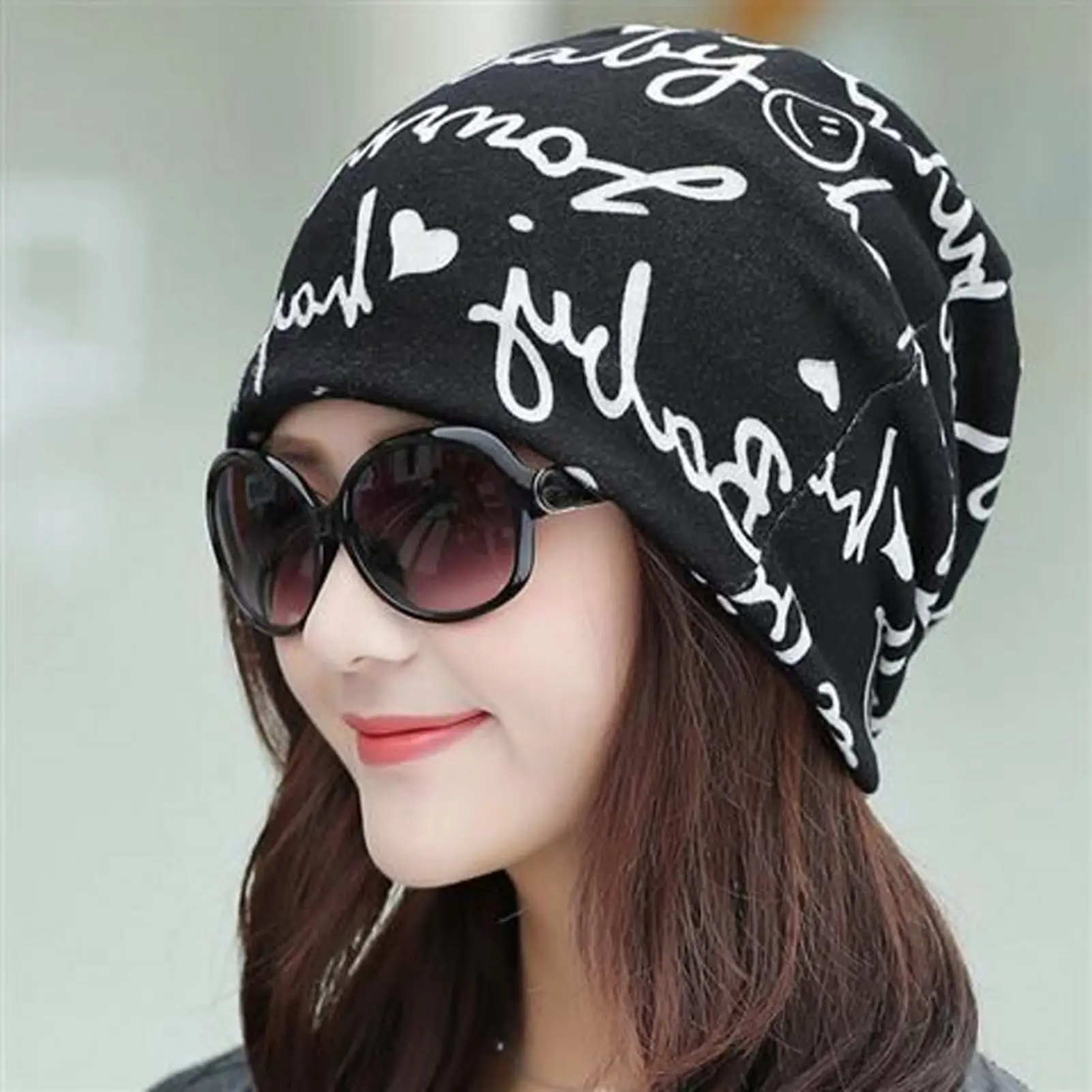 Fashion Women Spring Autumn Slouchy Beanie Hat Letters Print Ponytail Beanies Breathable Pile Hat for Women and Teen Girls