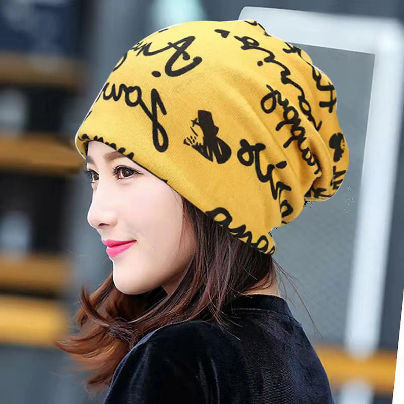 Fashion Women Spring Autumn Slouchy Beanie Hat Letters Print Ponytail Beanies Breathable Pile Hat for Women and Teen Girls
