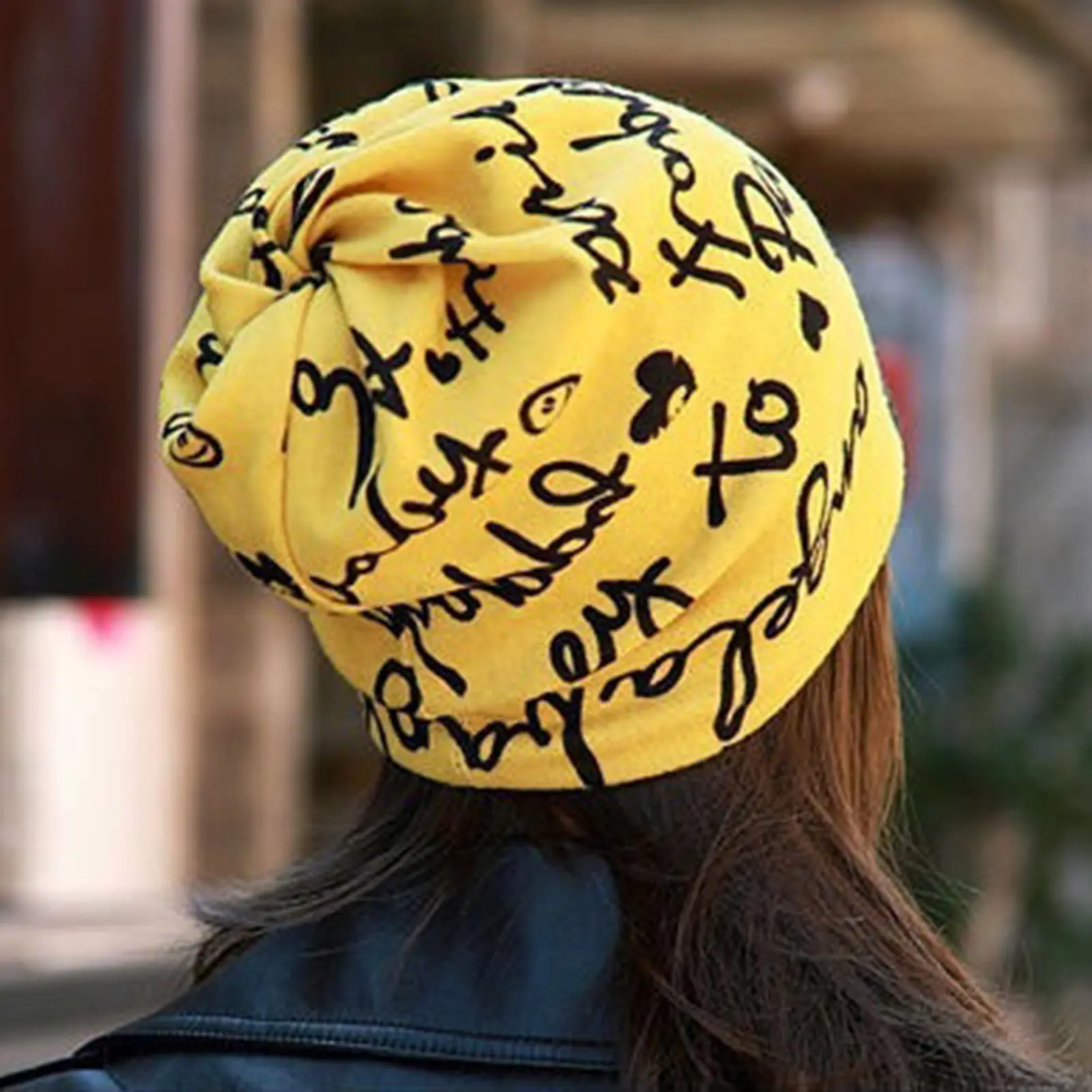 Fashion Women Spring Autumn Slouchy Beanie Hat Letters Print Ponytail Beanies Breathable Pile Hat for Women and Teen Girls