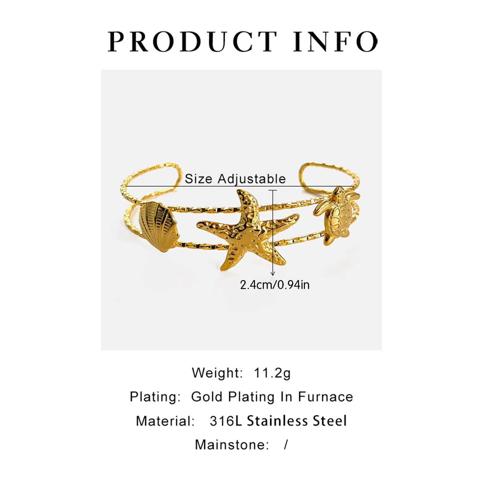 Ghidbk Punk Style Stainless Steel Marine Element Series Jewelry Trendy Gold-plated Conch Starfish Double-layer Open Bracelet.