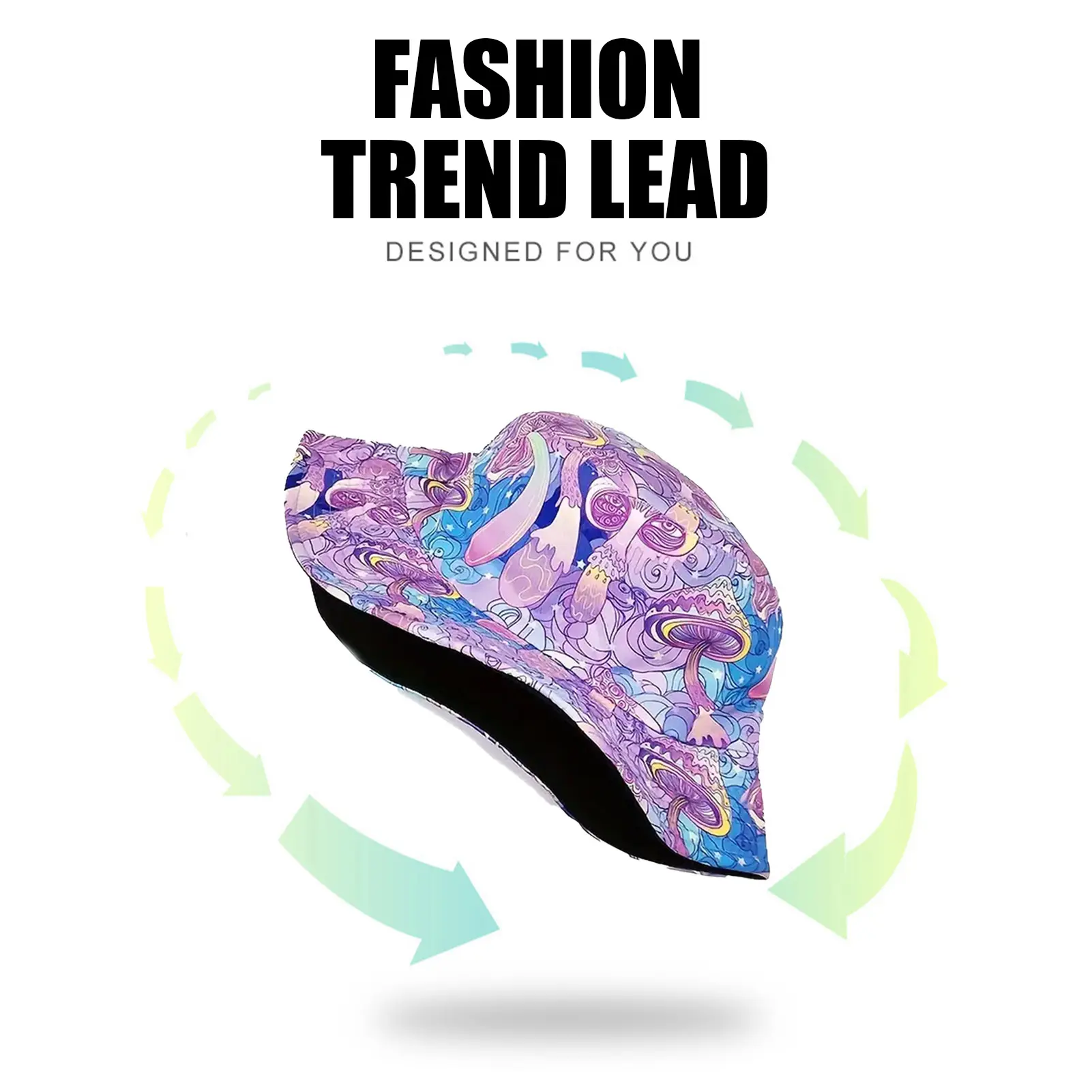 Purple Fisherman's Hat Retro Double-sided Mushroom Print Female Sun Holiday Hat Flowerpot Hat Double-Sided Design Spring Summer