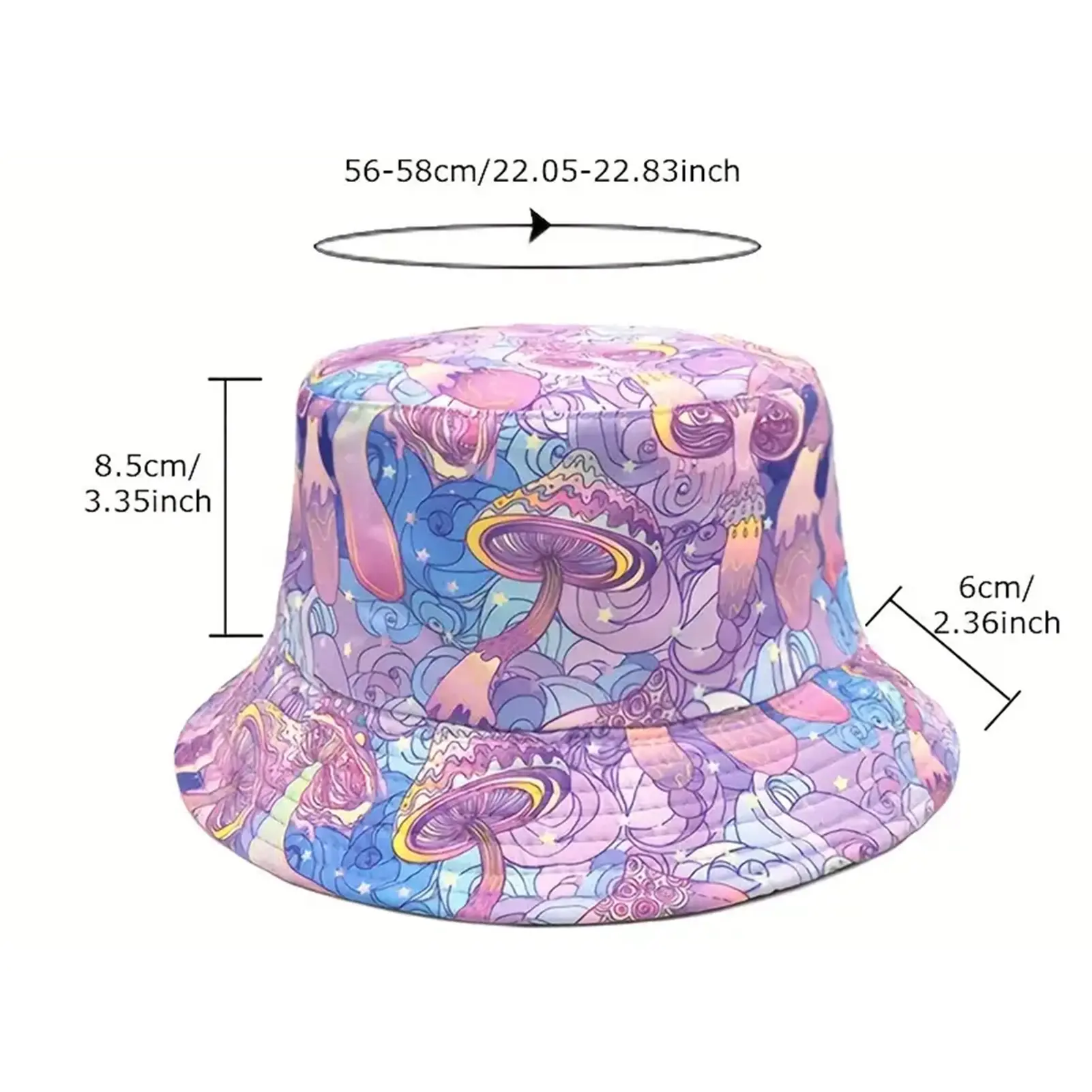 Purple Fisherman's Hat Retro Double-sided Mushroom Print Female Sun Holiday Hat Flowerpot Hat Double-Sided Design Spring Summer