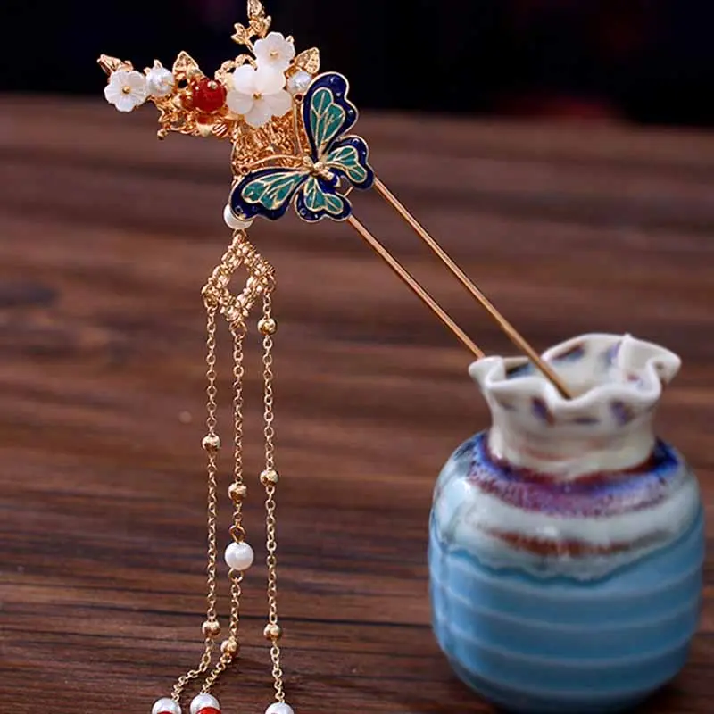 Ancient Chinese Hair Sticks Headwear Chinese Tassel Hair Chopsticks with Pearls Long Tassel Design Hair Sticks for Women Girls
