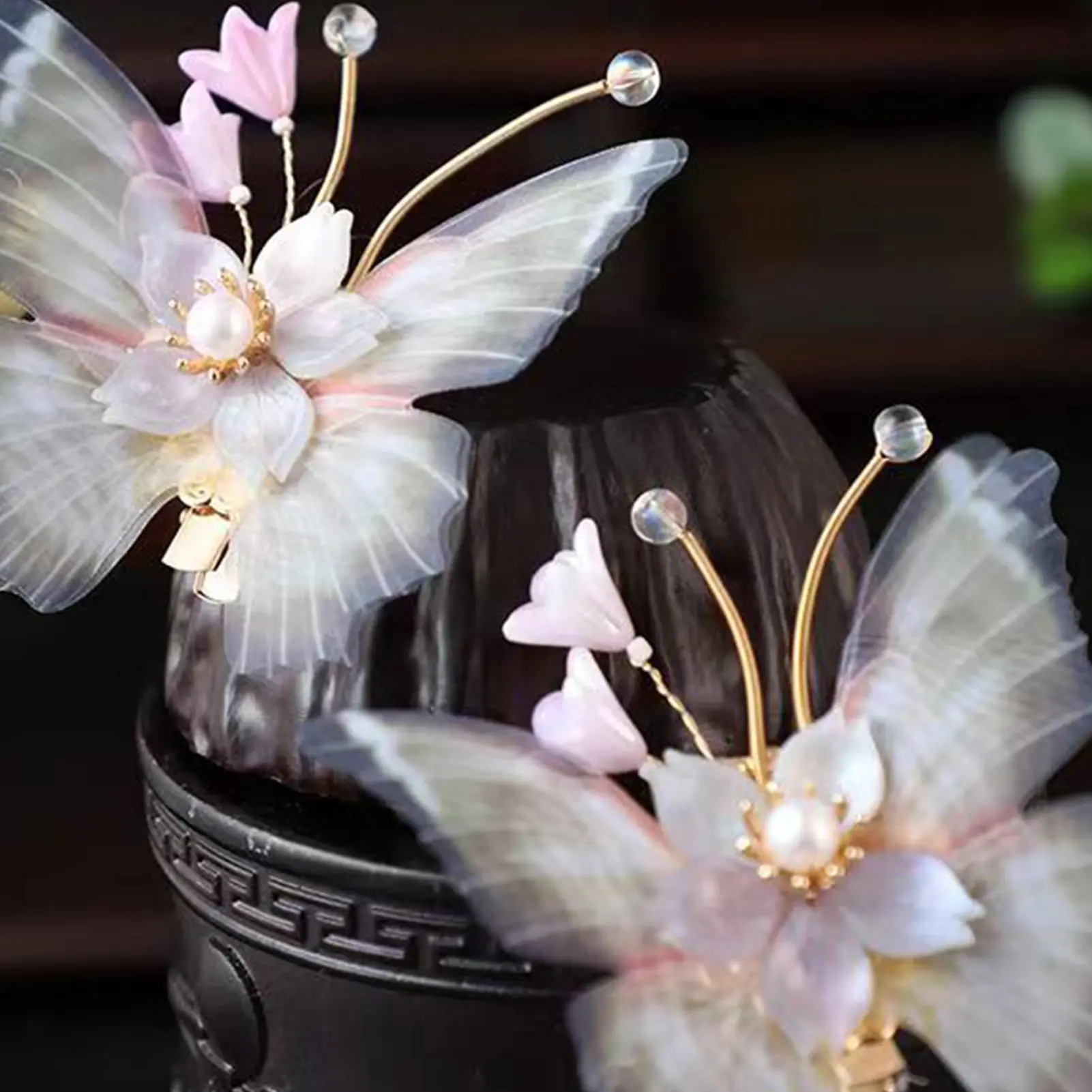 Gradual Purple Butterfly Hairpin Girl Headdress Pearl Chain Flower Hairpin Female Chinese National Wind Hair Accessories