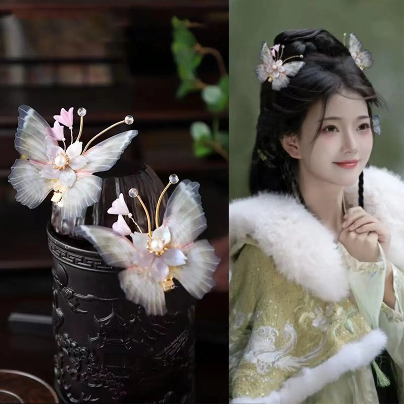 Gradual Purple Butterfly Hairpin Girl Headdress Pearl Chain Flower Hairpin Female Chinese National Wind Hair Accessories