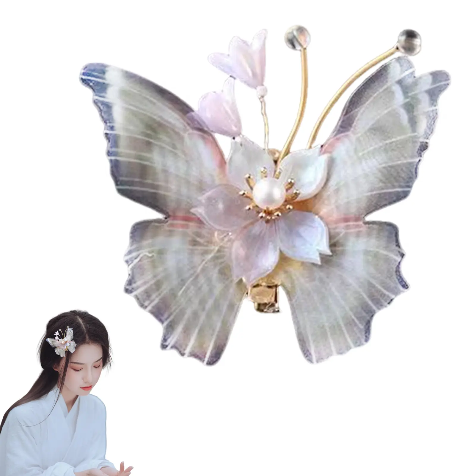 Gradual Purple Butterfly Hairpin Girl Headdress Pearl Chain Flower Hairpin Female Chinese National Wind Hair Accessories