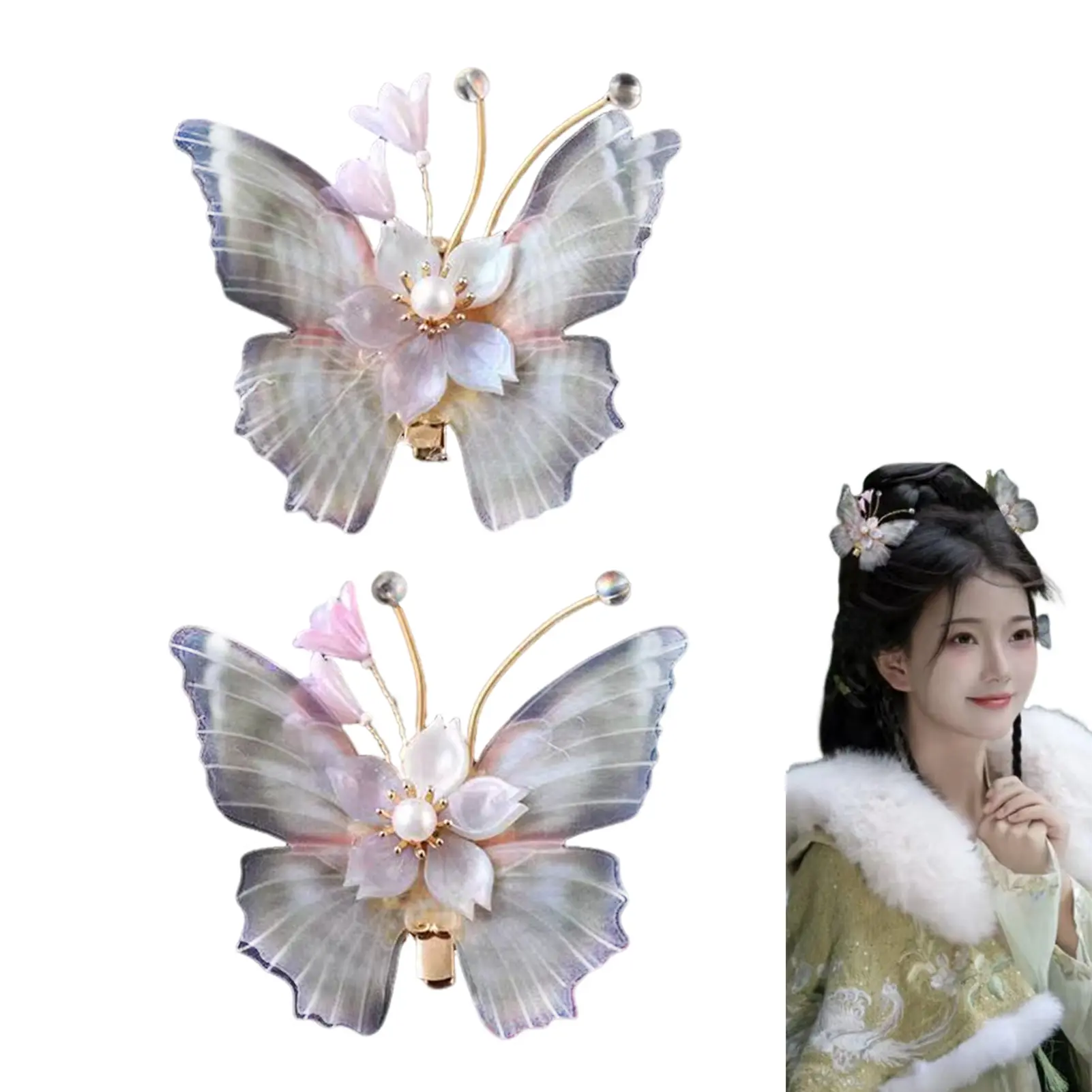 Gradual Purple Butterfly Hairpin Girl Headdress Pearl Chain Flower Hairpin Female Chinese National Wind Hair Accessories