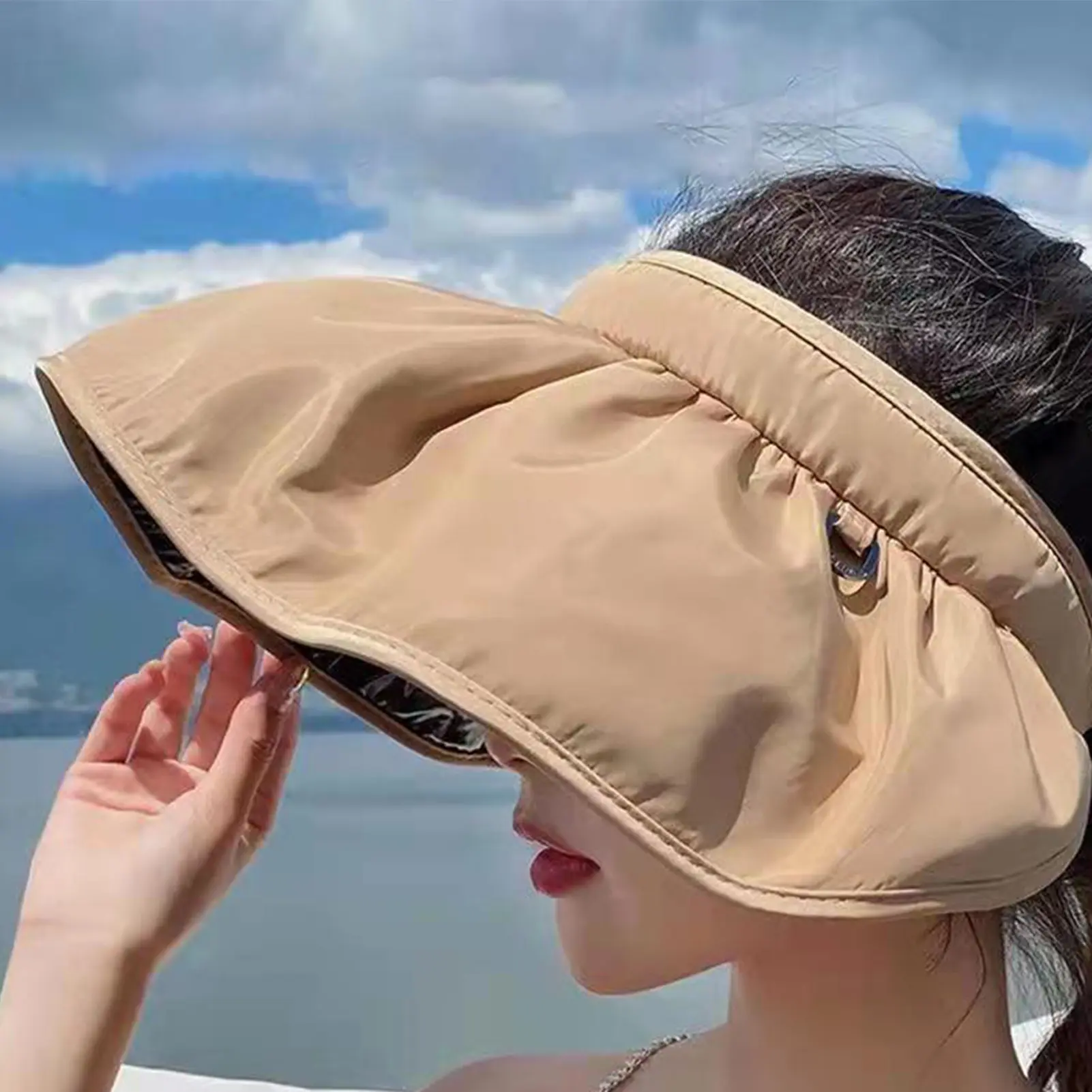 Korean Summer Dual-use Headband Sun Hat Women Hollow Top Outdoor Travel Cap Uv Sea Beach Hat Wide Brim Visor Hat Adjustable Size