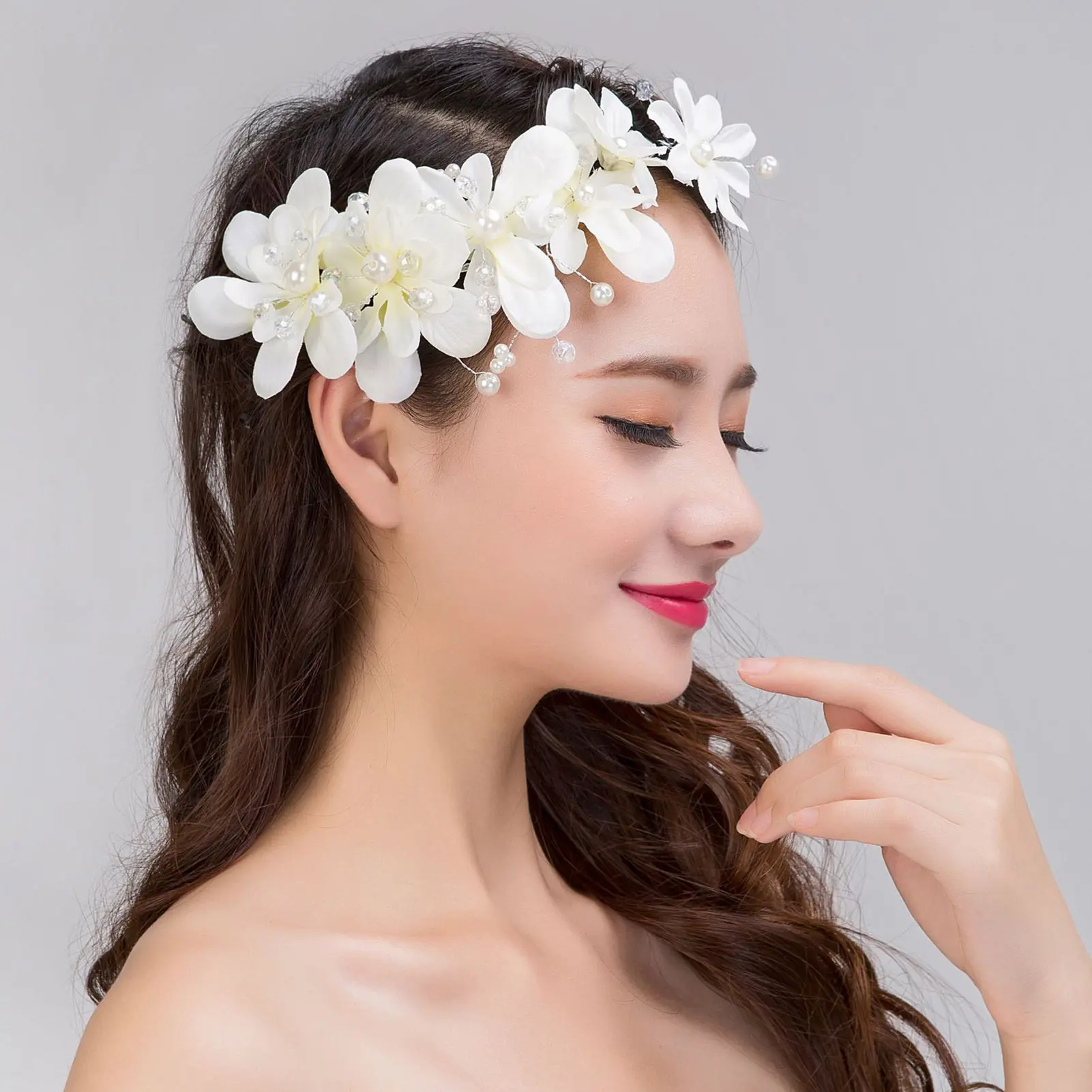 Floral Headband Garlands Lightweight Flower Wreath DIY Hair Accessory Wedding White/Red Flower Headwear with Pearl for Gown