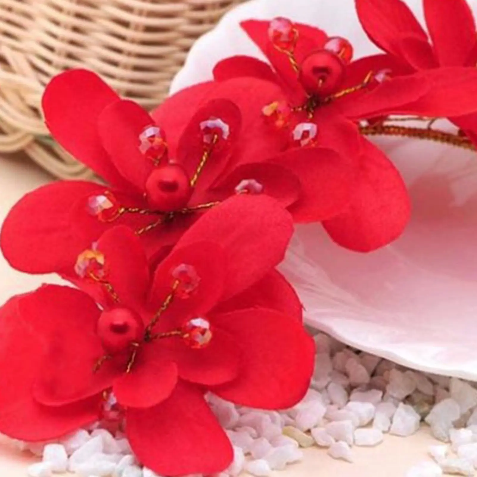 Floral Headband Garlands Lightweight Flower Wreath DIY Hair Accessory Wedding White/Red Flower Headwear with Pearl for Gown