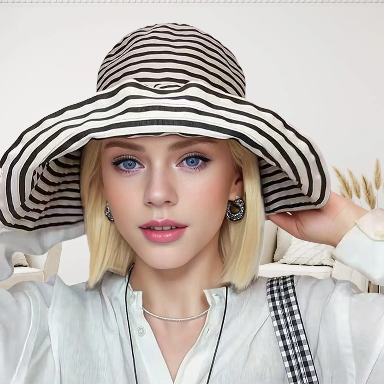 Wide Brim Summer Sun Hat Breathable Outdoor UV Protections Beach Sun Cap Stripe Hat for Fishing Hiking Camping Traveling