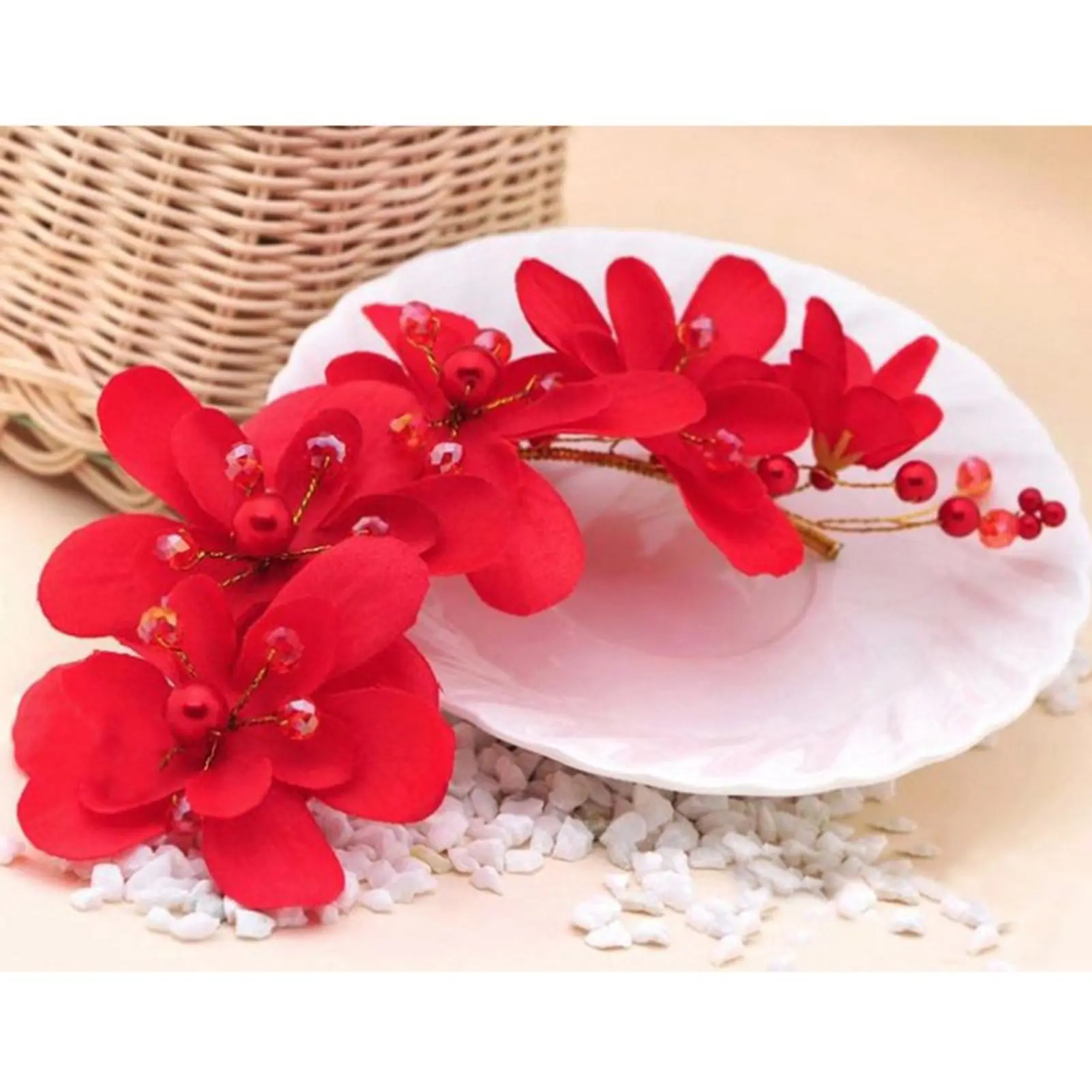 Floral Headband Garlands Lightweight Flower Wreath DIY Hair Accessory Wedding White/Red Flower Headwear with Pearl for Gown
