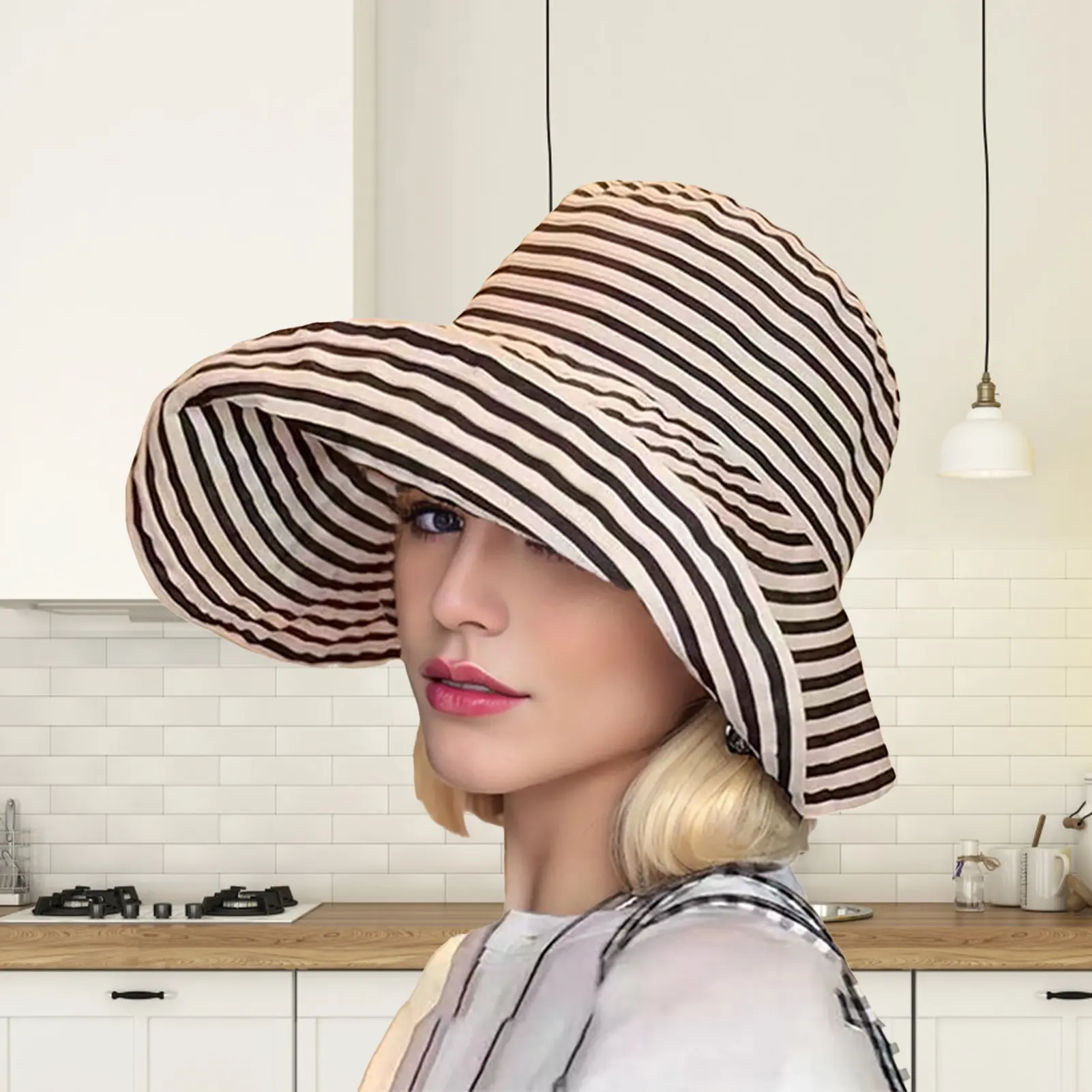 Wide Brim Summer Sun Hat Breathable Outdoor UV Protections Beach Sun Cap Stripe Hat for Fishing Hiking Camping Traveling