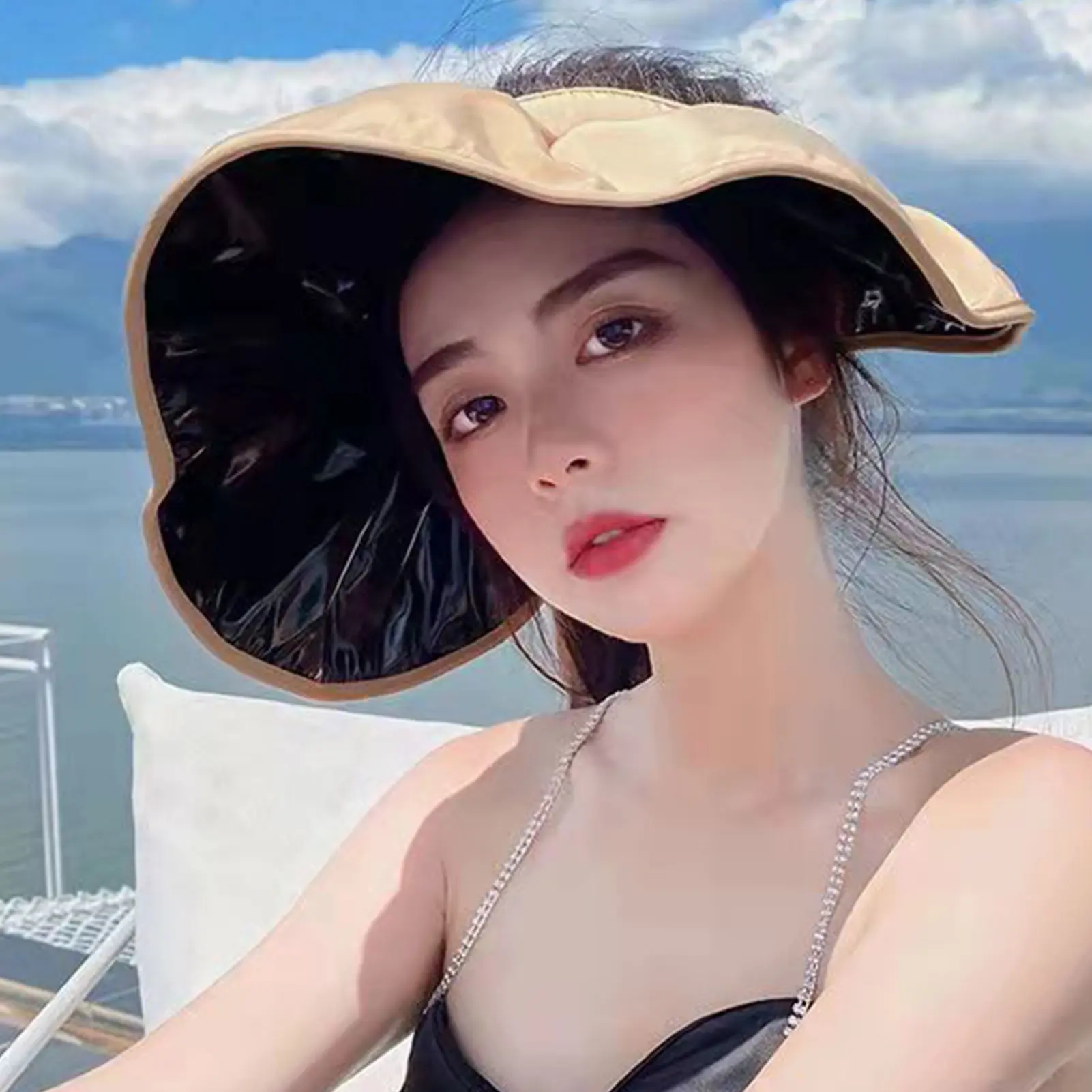 Korean Summer Dual-use Headband Sun Hat Women Hollow Top Outdoor Travel Cap Uv Sea Beach Hat Wide Brim Visor Hat Adjustable Size