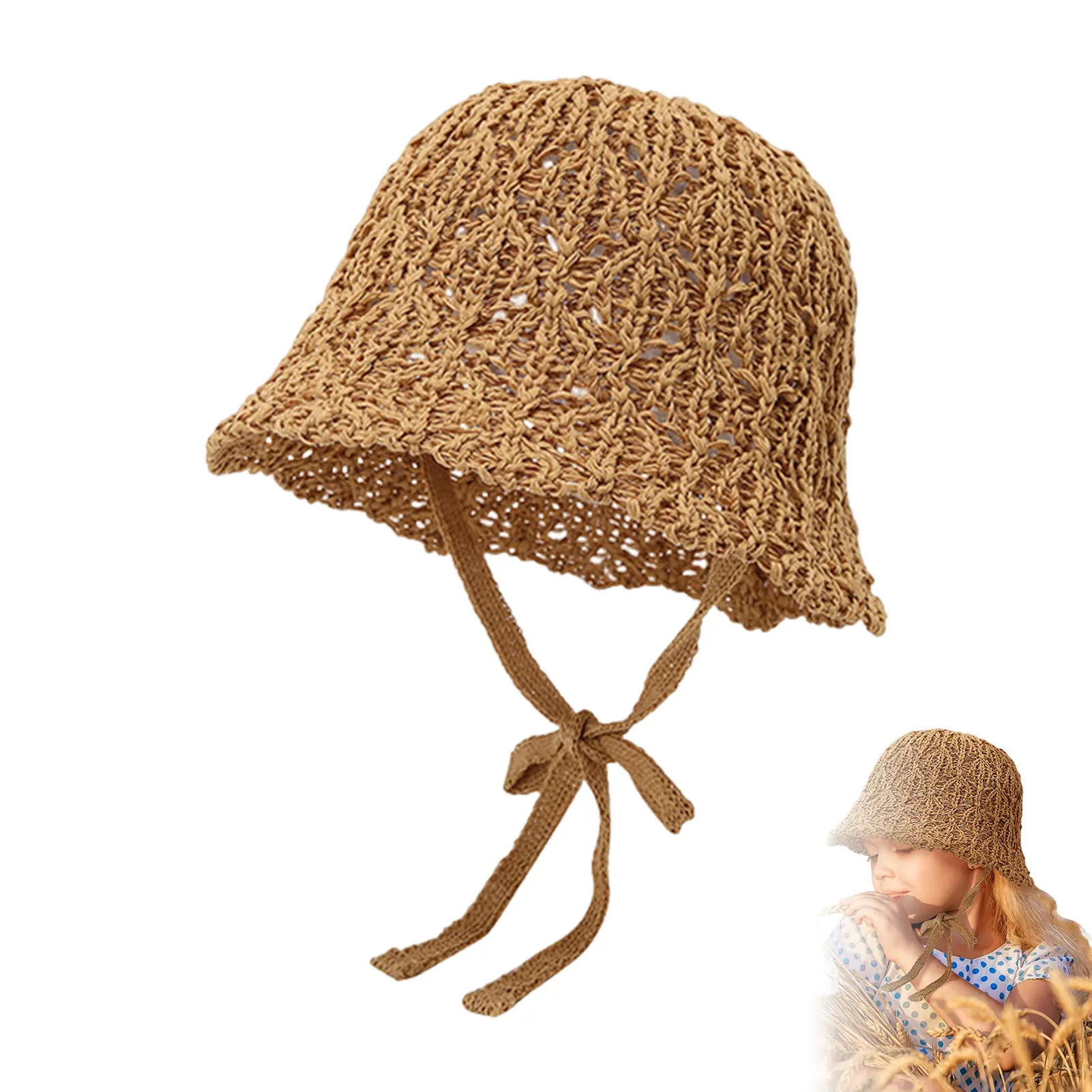 Hollow Summer Beach Sun Hat Women's Drawstring Anti-UV Sunshade Bucket Hat for Fishing Camping Traveling