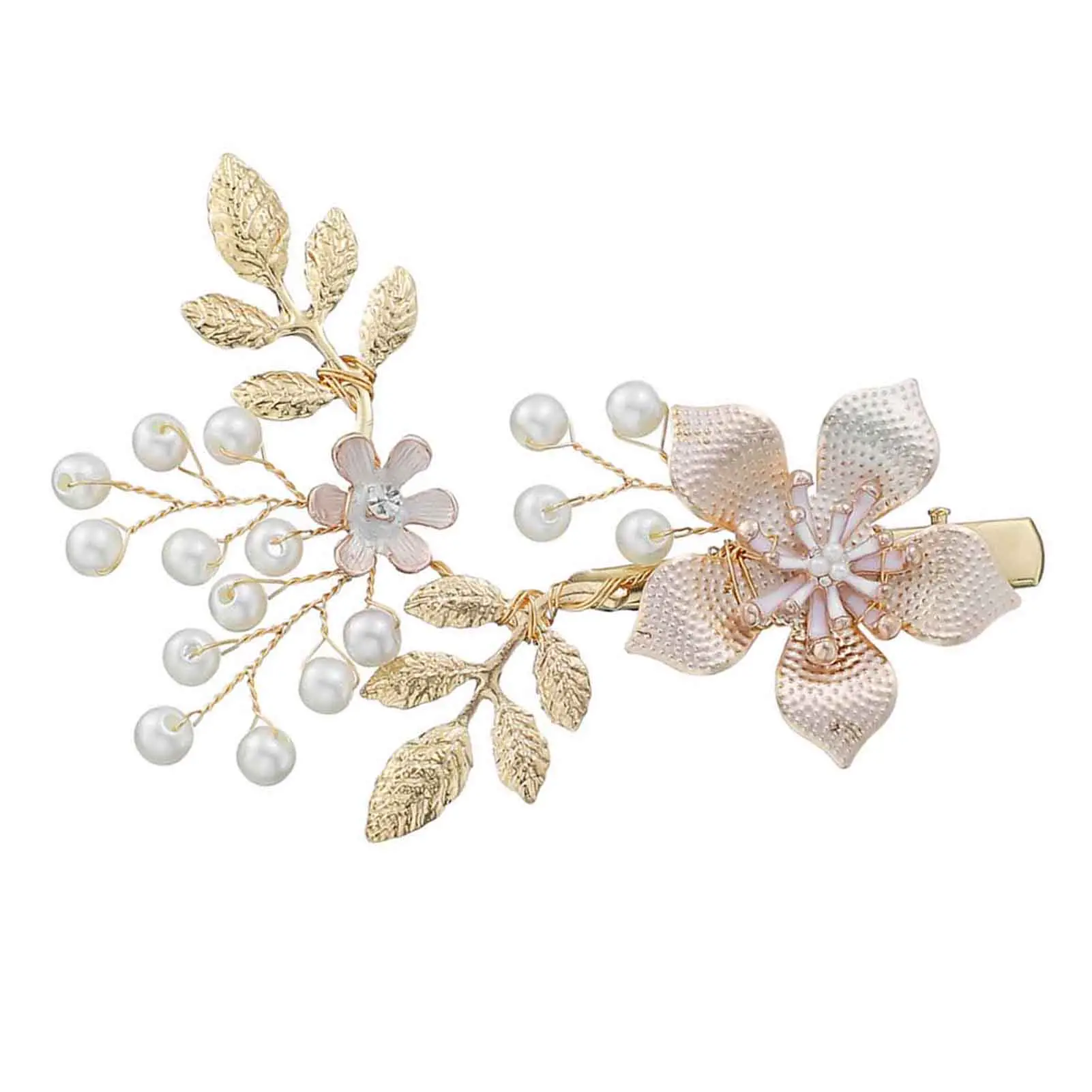 Pearl Flower Leaf Bride Hair Styling Hairclips Pearl Hair Clips Headpiece Handmade Alloy Headwear with Rhinestones Pearl