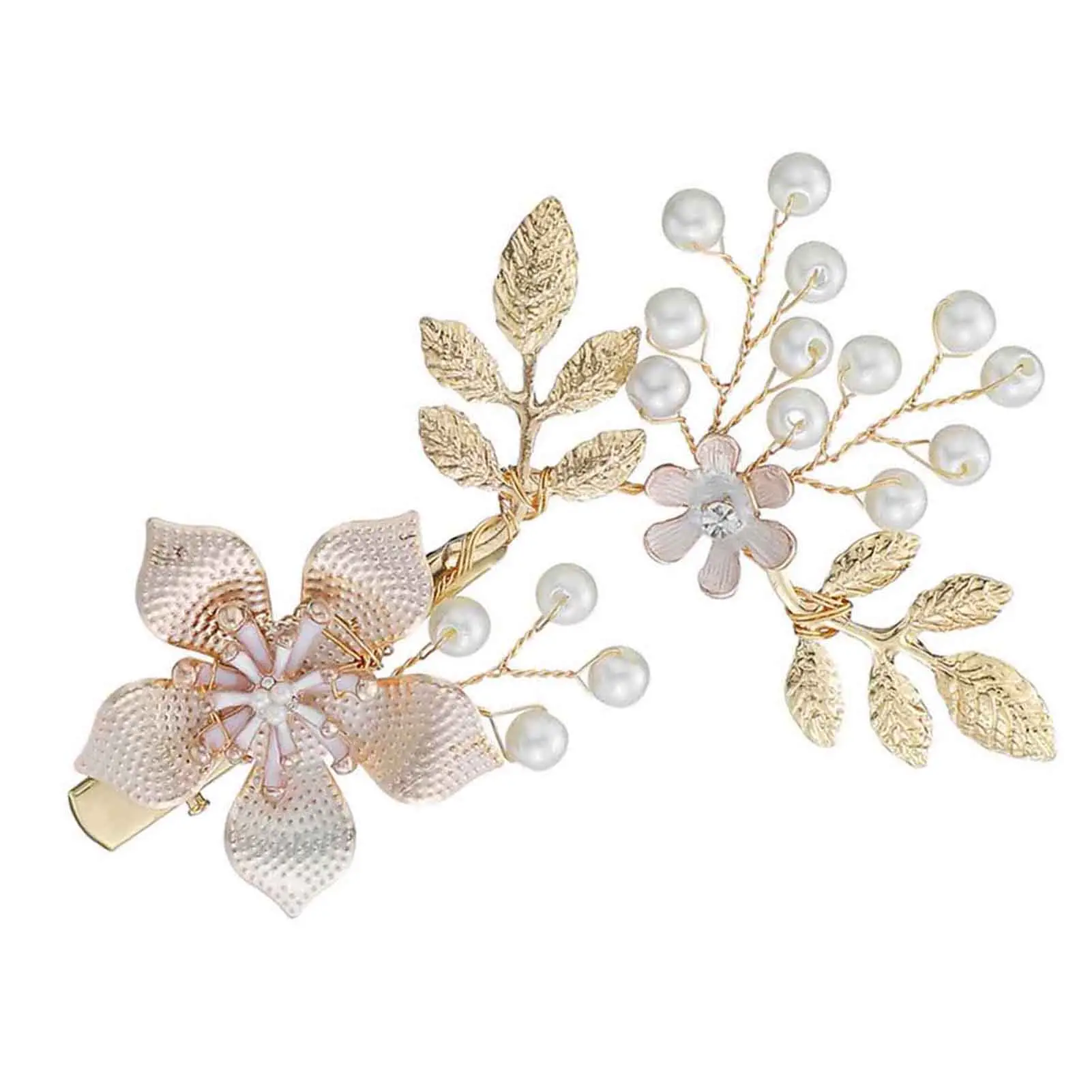 Pearl Flower Leaf Bride Hair Styling Hairclips Pearl Hair Clips Headpiece Handmade Alloy Headwear with Rhinestones Pearl