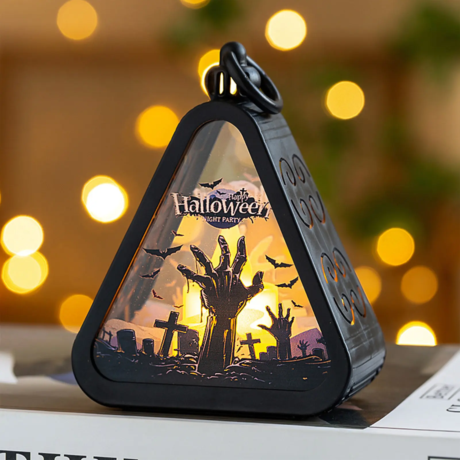 Mini Halloween Pumpkin Triangle Lanterns Table Party Favors Ornaments LED Light Display for Home Party Porch Garden Decor