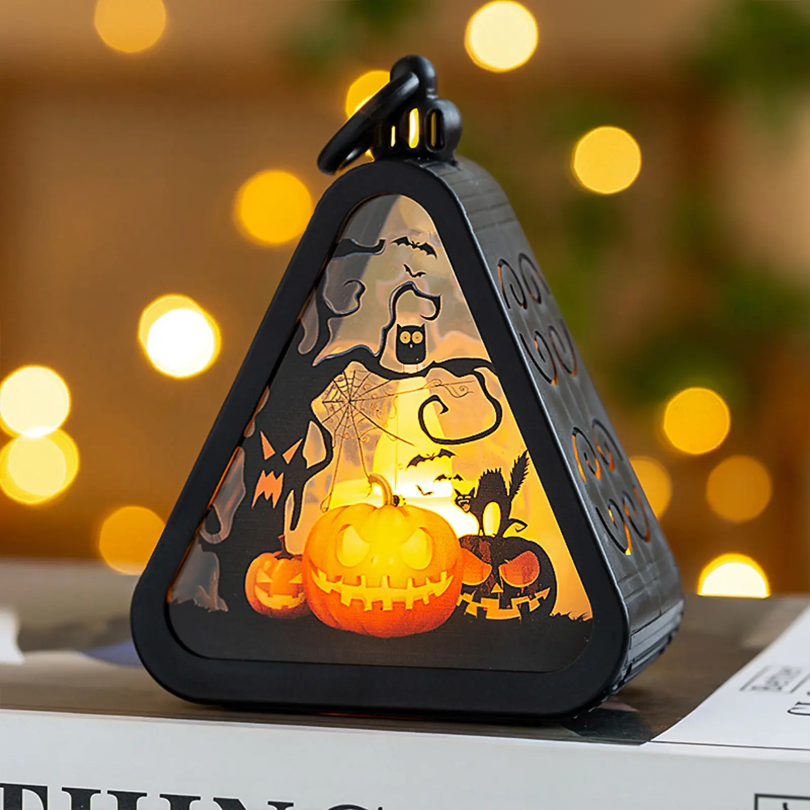 Mini Halloween Pumpkin Triangle Lanterns Table Party Favors Ornaments LED Light Display for Home Party Porch Garden Decor