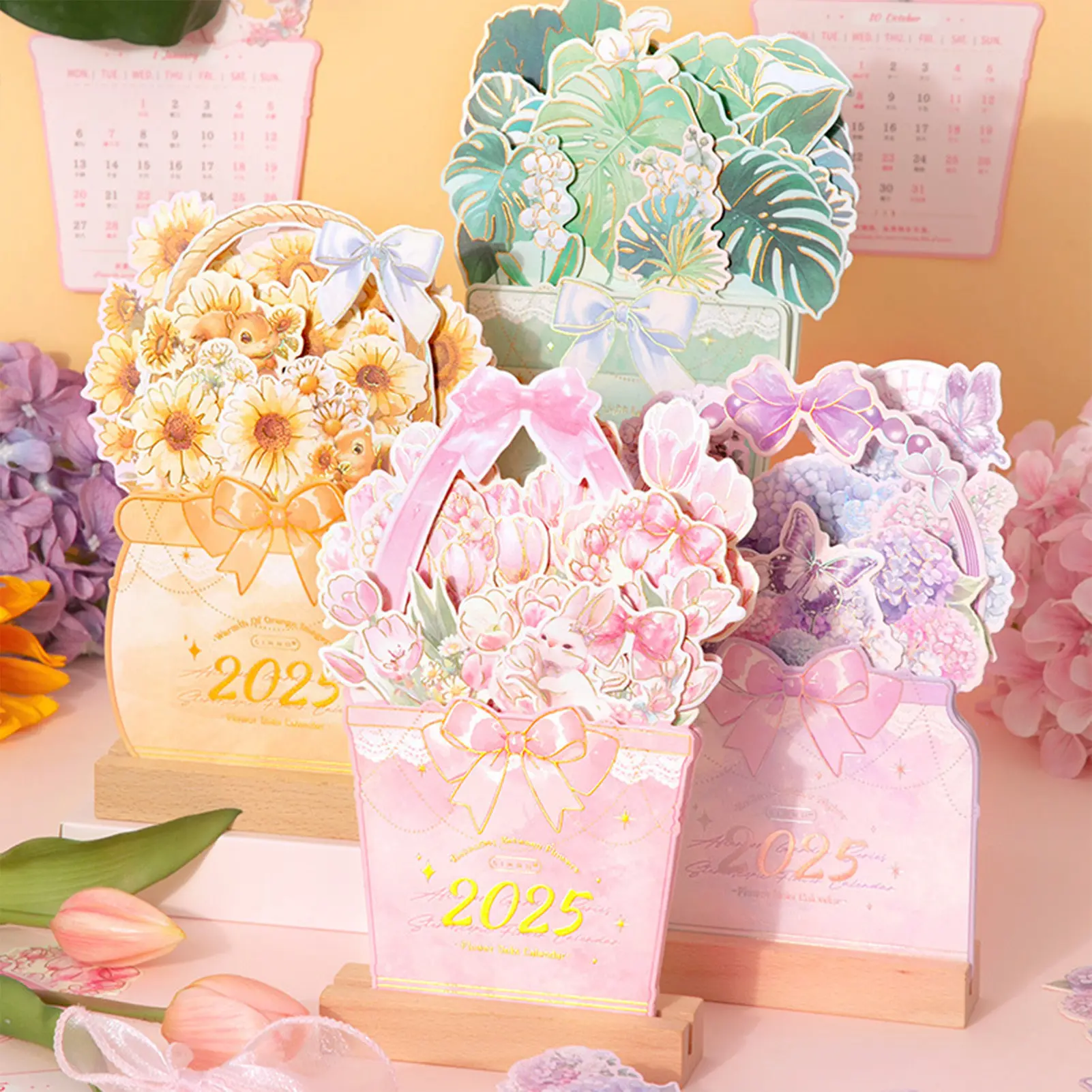 2025 Desk Calendar Exquisite Bloomy Flowers Monthly Planner Calendar with Wooden Stand for Festival Home Office Tabledesk Decor