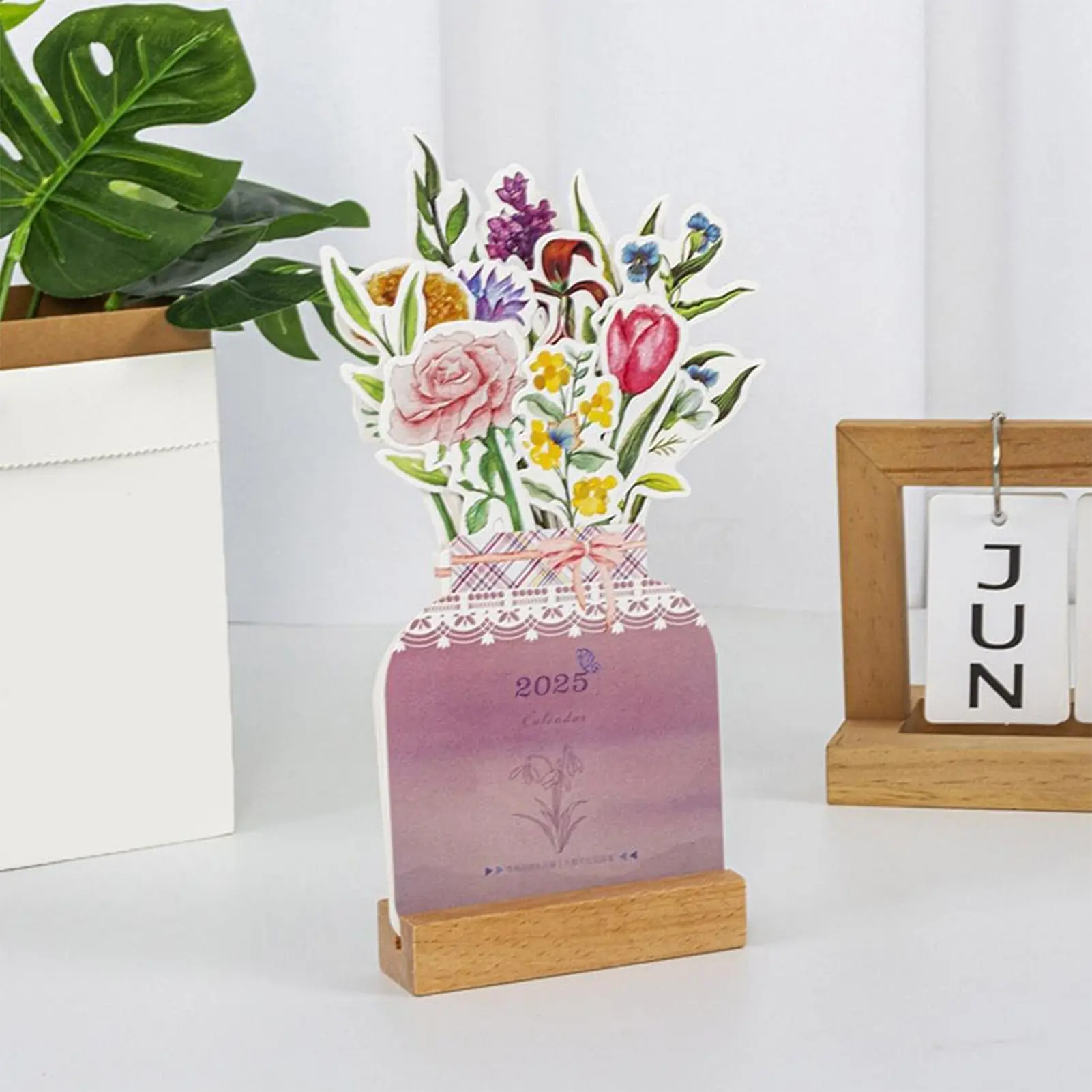 2025 Desk Calendar Exquisite Bloomy Flowers Monthly Planner Calendar with Wooden Stand for Festival Home Office Tabledesk Decor