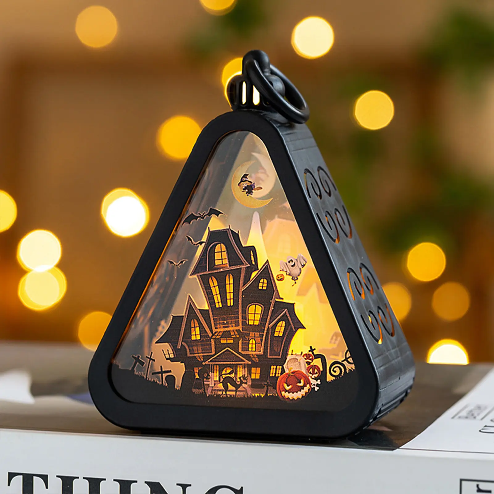 Mini Halloween Pumpkin Triangle Lanterns Table Party Favors Ornaments LED Light Display for Home Party Porch Garden Decor