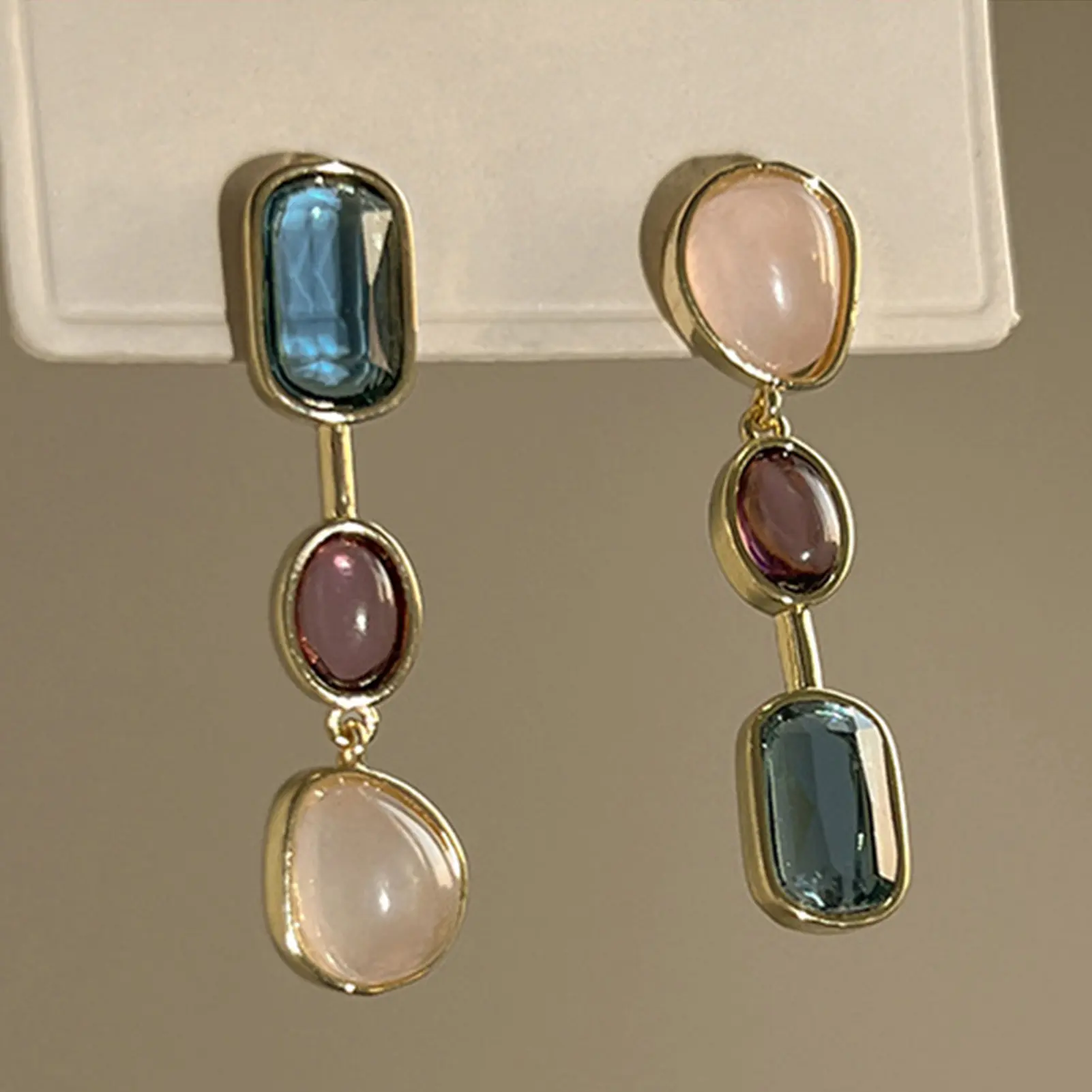 Asymmetric Colorful Gem Earrings For Women Silver Needle Medium Antique Contrast Earrings Design Sense Perfect For Weddings