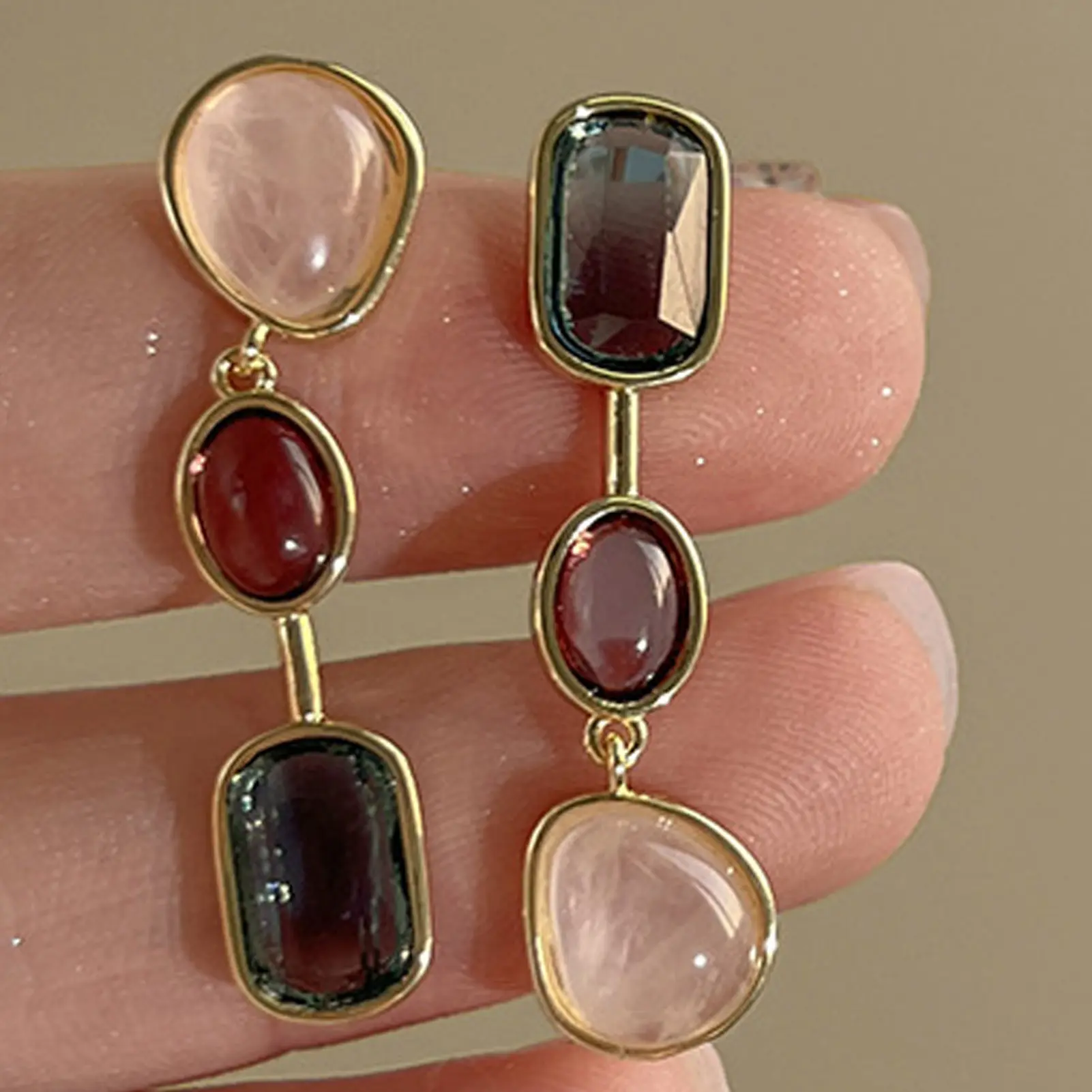 Asymmetric Colorful Gem Earrings For Women Silver Needle Medium Antique Contrast Earrings Design Sense Perfect For Weddings