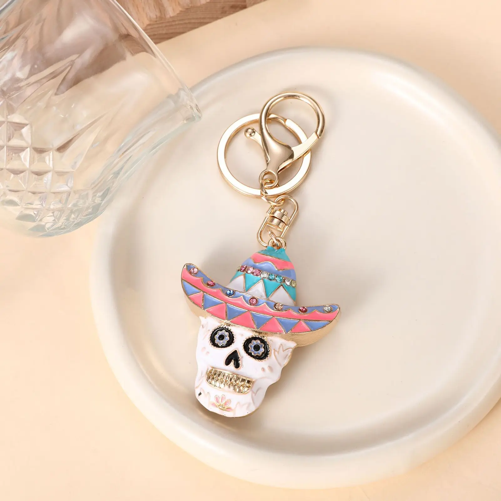 Halloween Pink Skull Keychain Diamond Decor Gothic Charm Pendant for Bag/Purse Spooky Happy Halloween Keychain for Women Girls