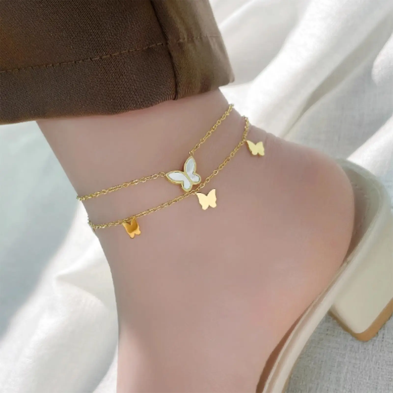 OIMG Stainless Steel Gold Plated Not Fade Korean Sweet Frosting Butterfly Anklet for Women Girl Foot Accessories Waterproof