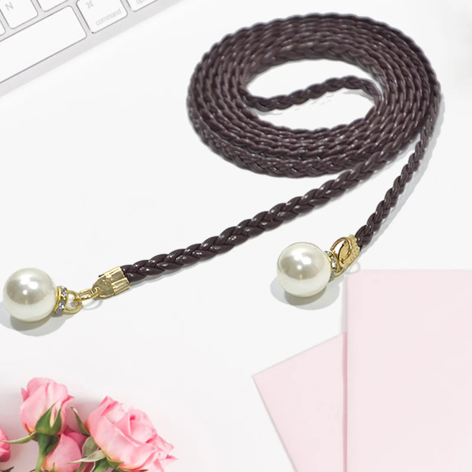 Fashion Adjustable Waist Belt Slim Waist Braided Design Belt with Pearl Buckle for Woman and Girls Dresses up Accessories 140cm