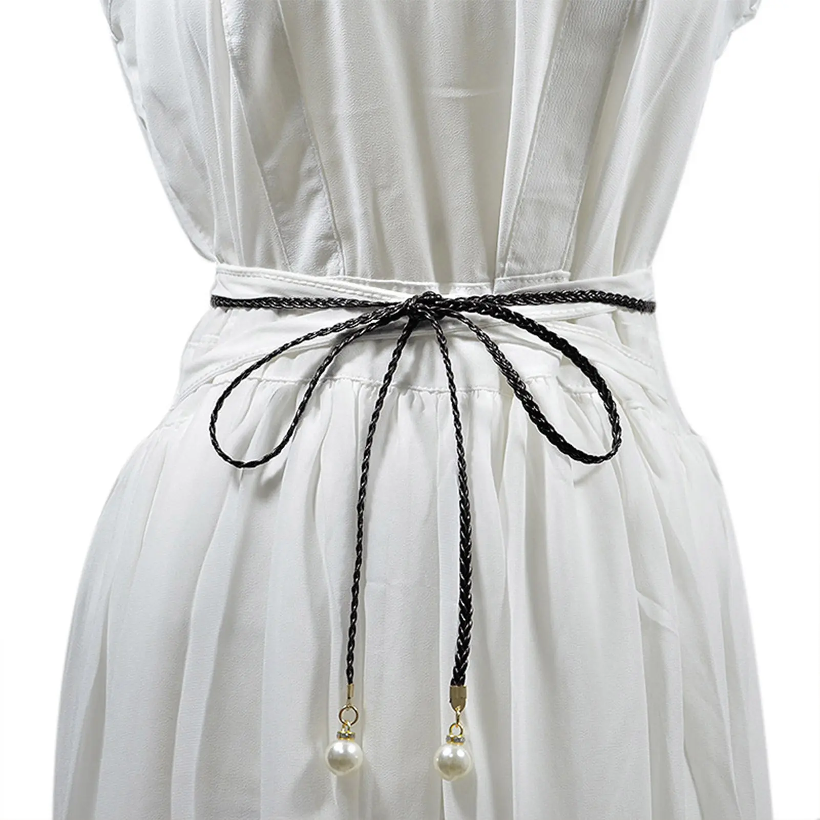 Fashion Adjustable Waist Belt Slim Waist Braided Design Belt with Pearl Buckle for Woman and Girls Dresses up Accessories 140cm