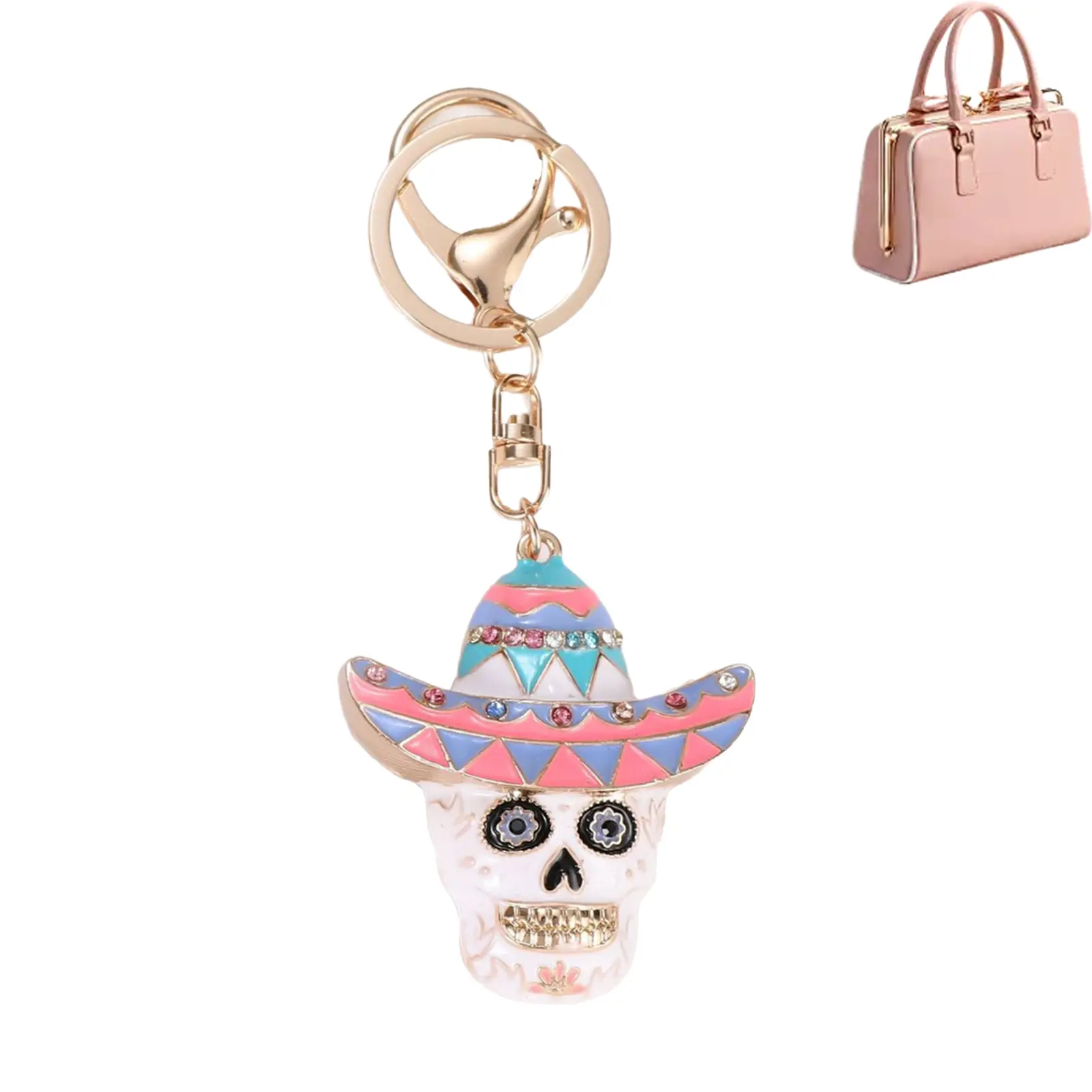 Halloween Pink Skull Keychain Diamond Decor Gothic Charm Pendant for Bag/Purse Spooky Happy Halloween Keychain for Women Girls