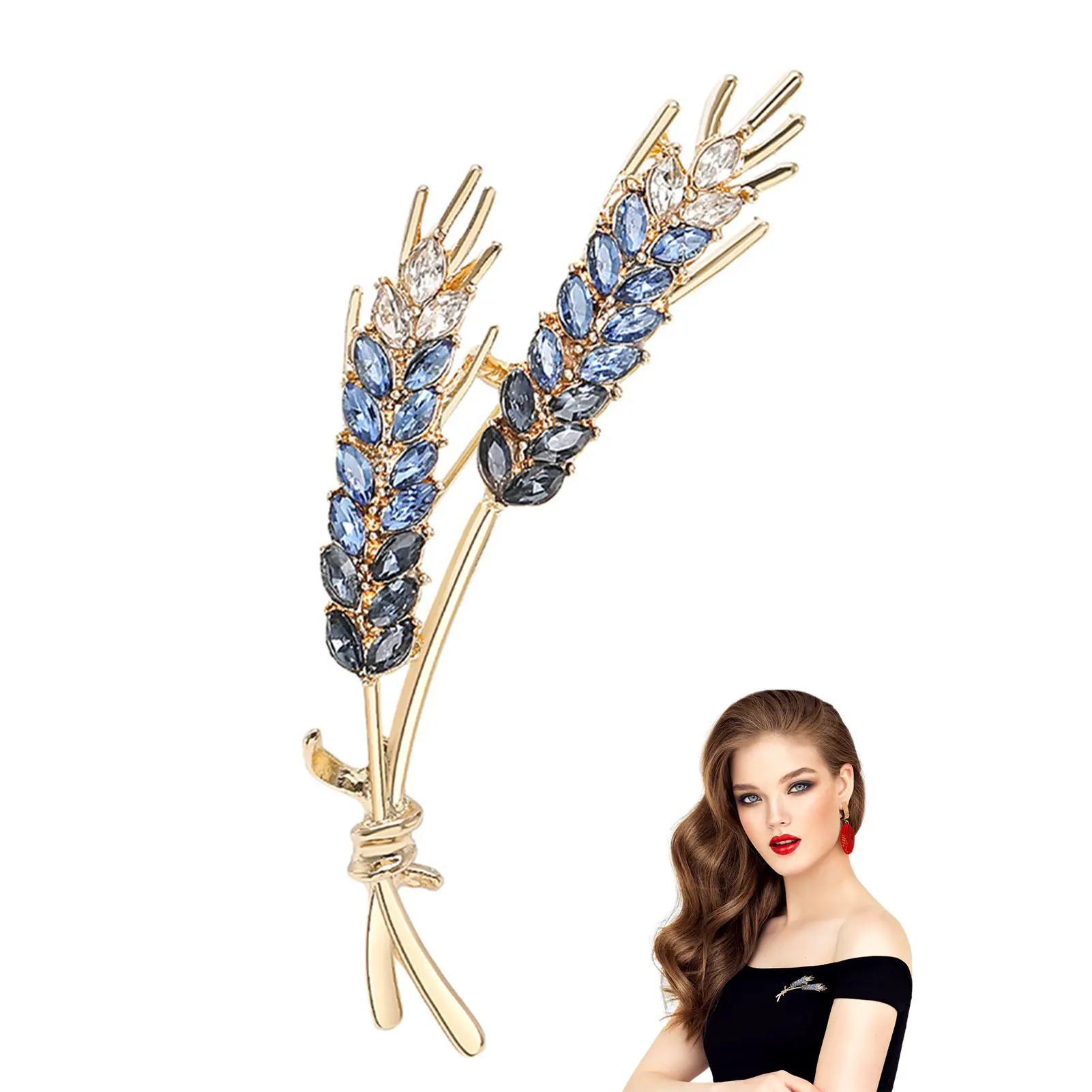 Wheat Brooch Shiny Blue Pink Yellow Rhinestone Plant Brooch Ladies Exquisite Crystal Pin Brooch Daily Suit Clothes Accessories