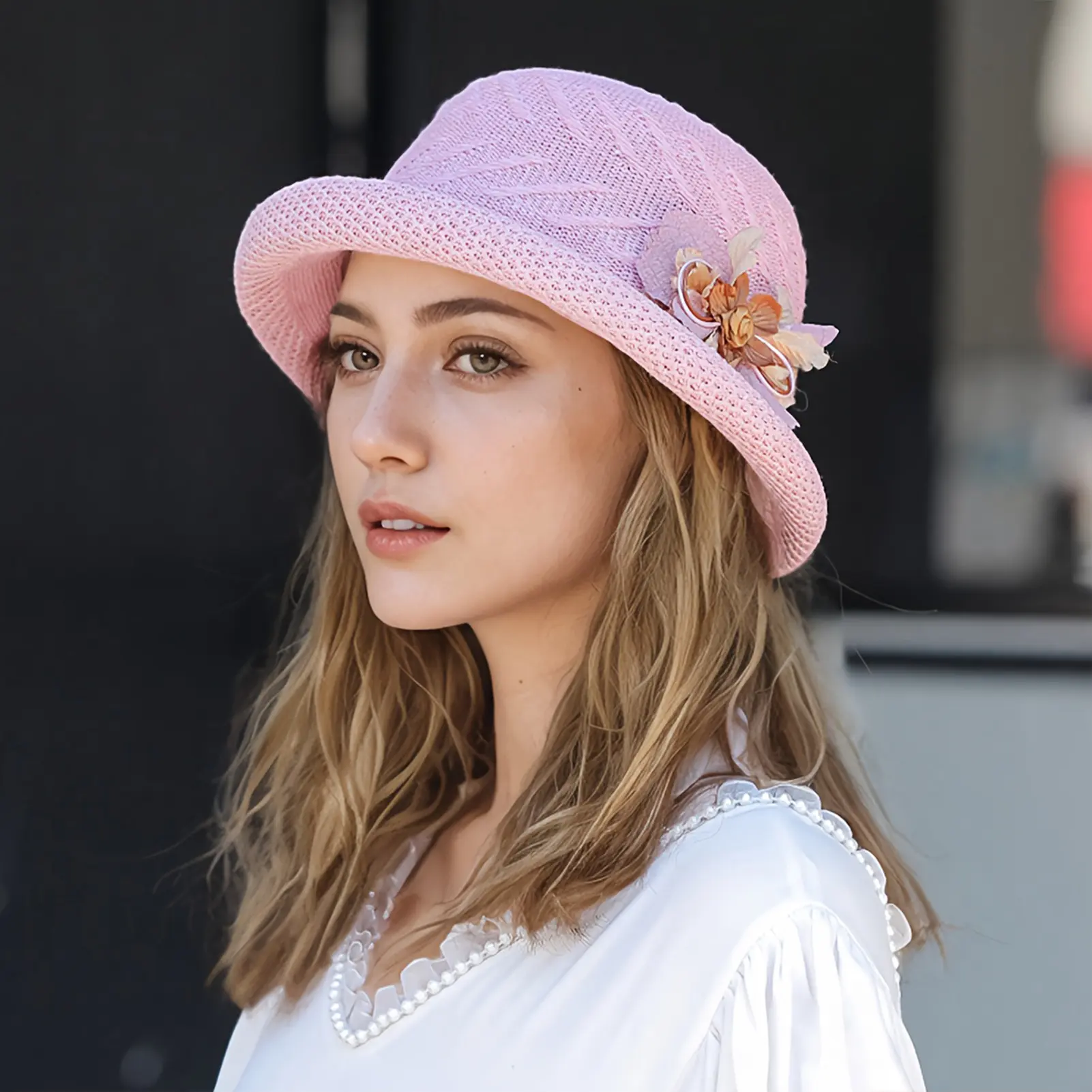 Womens Summer Sun Hat Flower Bucket Hats Rolled Brim Sun Shade Outdoor Beach Travel Bucket Hats for Fishing Camping Traveling